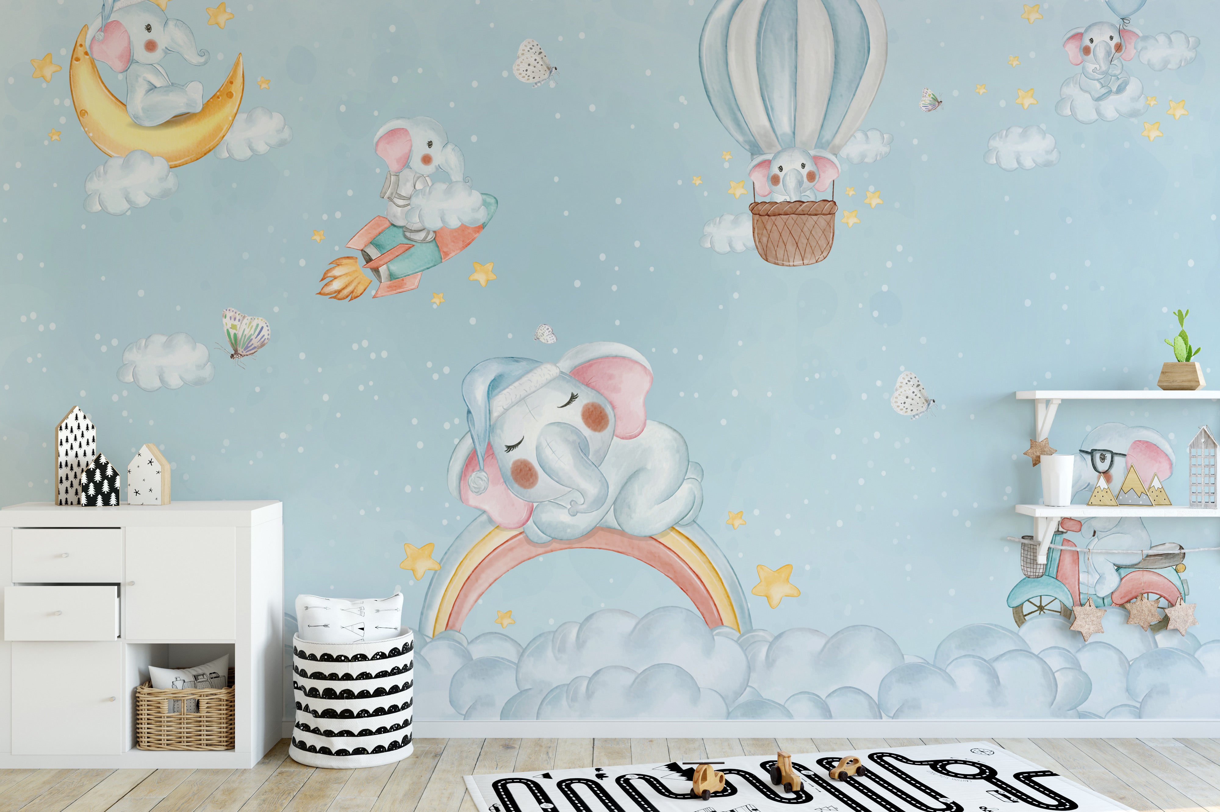 Elephant Cloud Carnival Wall Mural with whimsical design