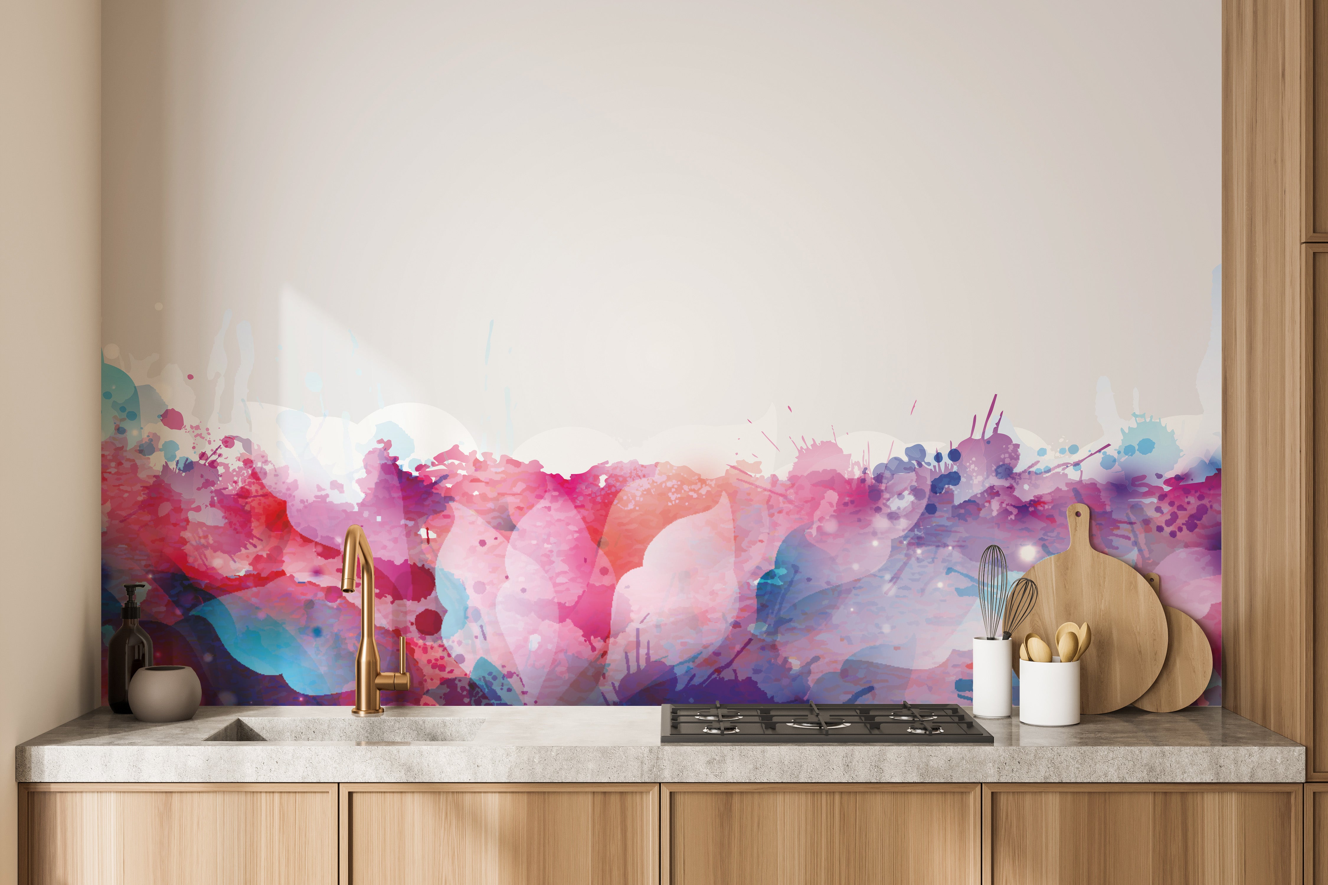 Abstract mural wallpaper with watercolor colorful leaves design.
