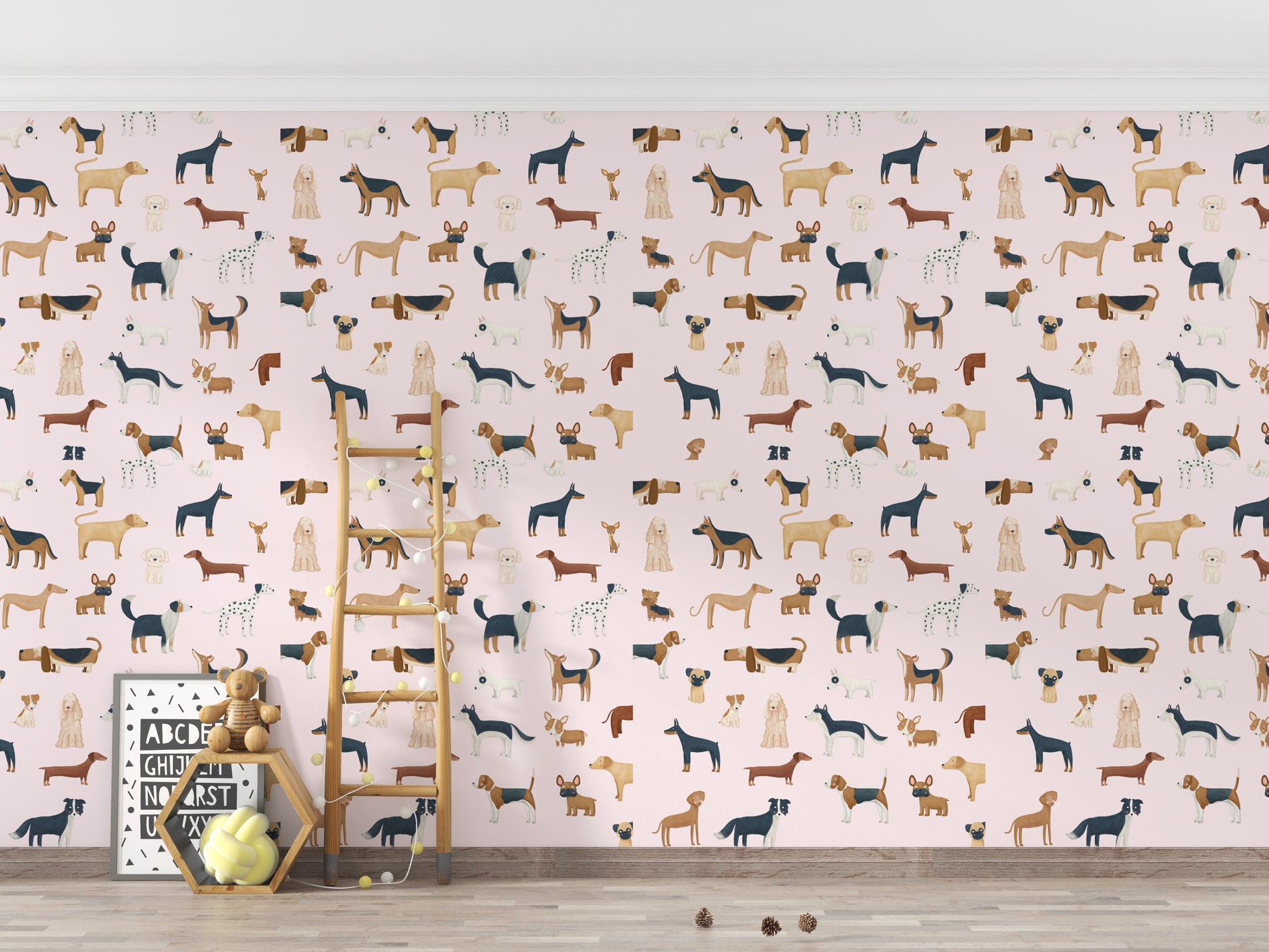 Playful dogs design on pink wallpaper
