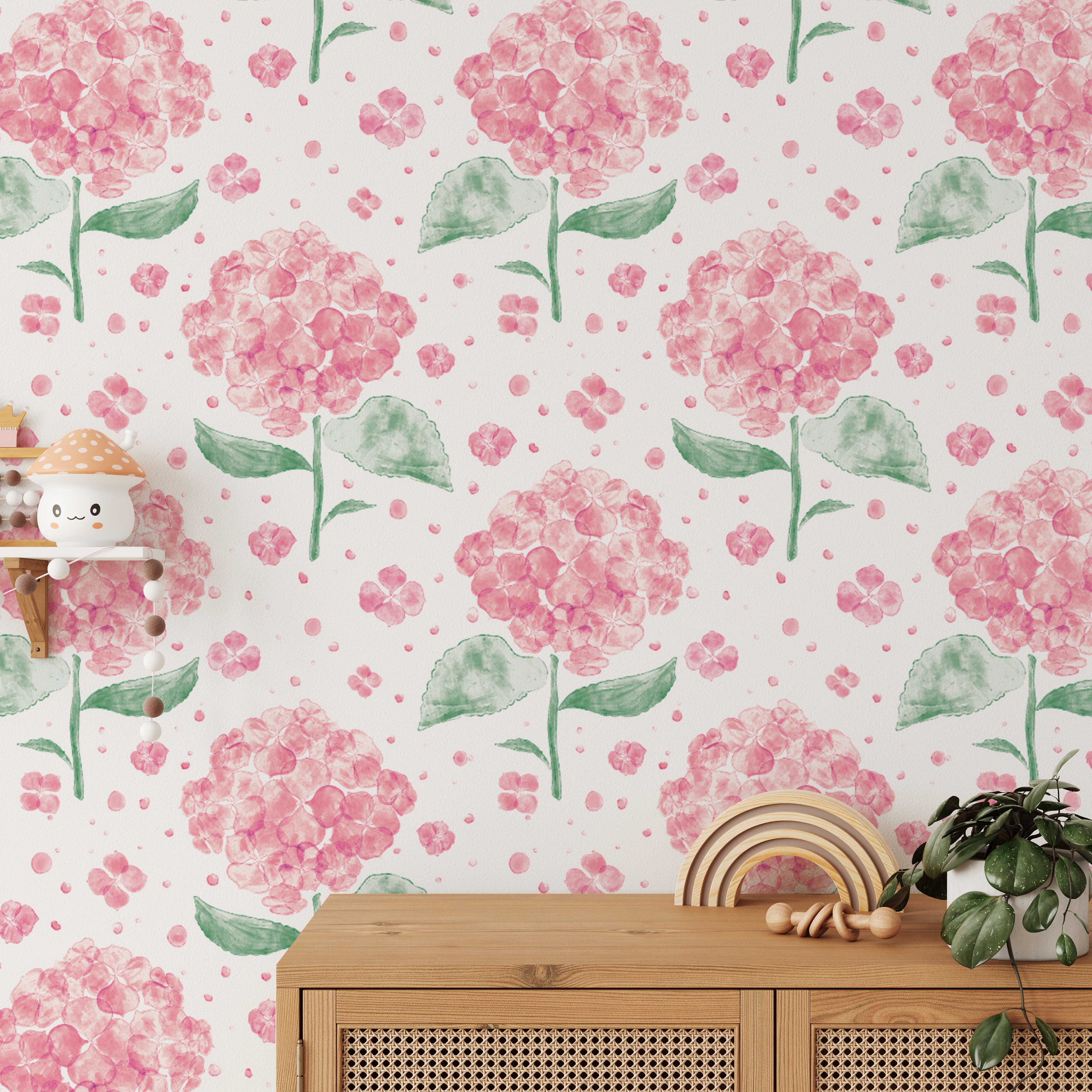 Whimsical pink hydrangea wallpaper for a soft, floral ambiance.
