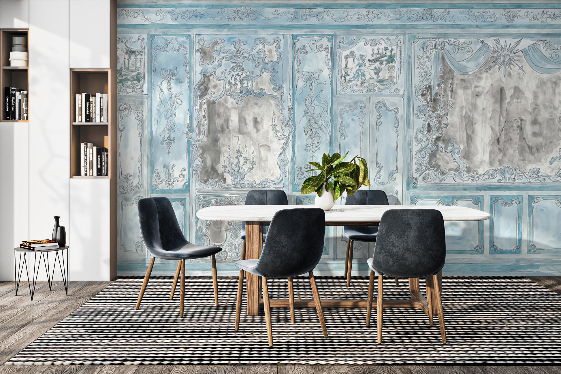 Blue Rococo wallpaper mural for sophisticated decor