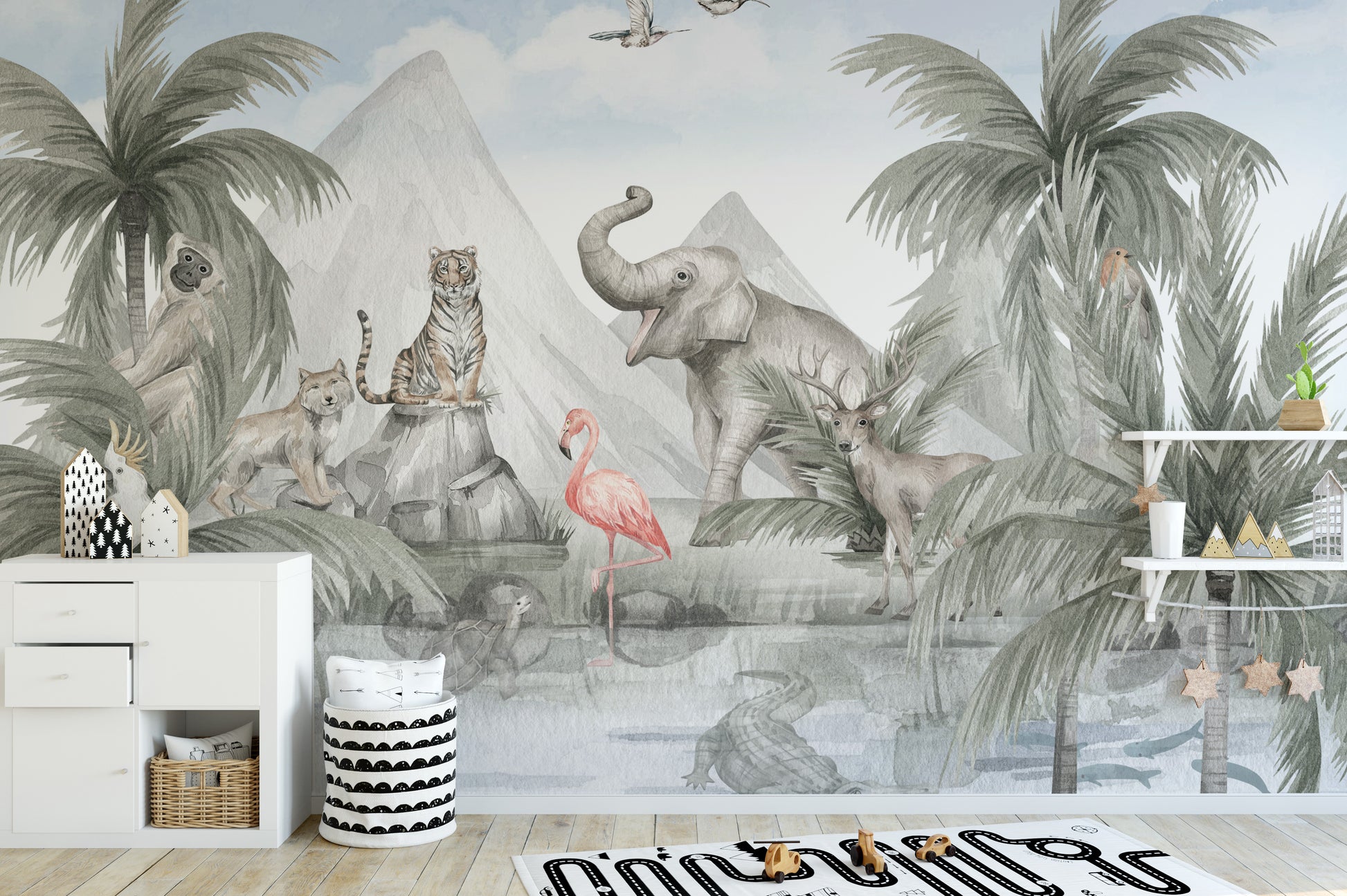 Lush tropical wildlife haven mural for serene decor