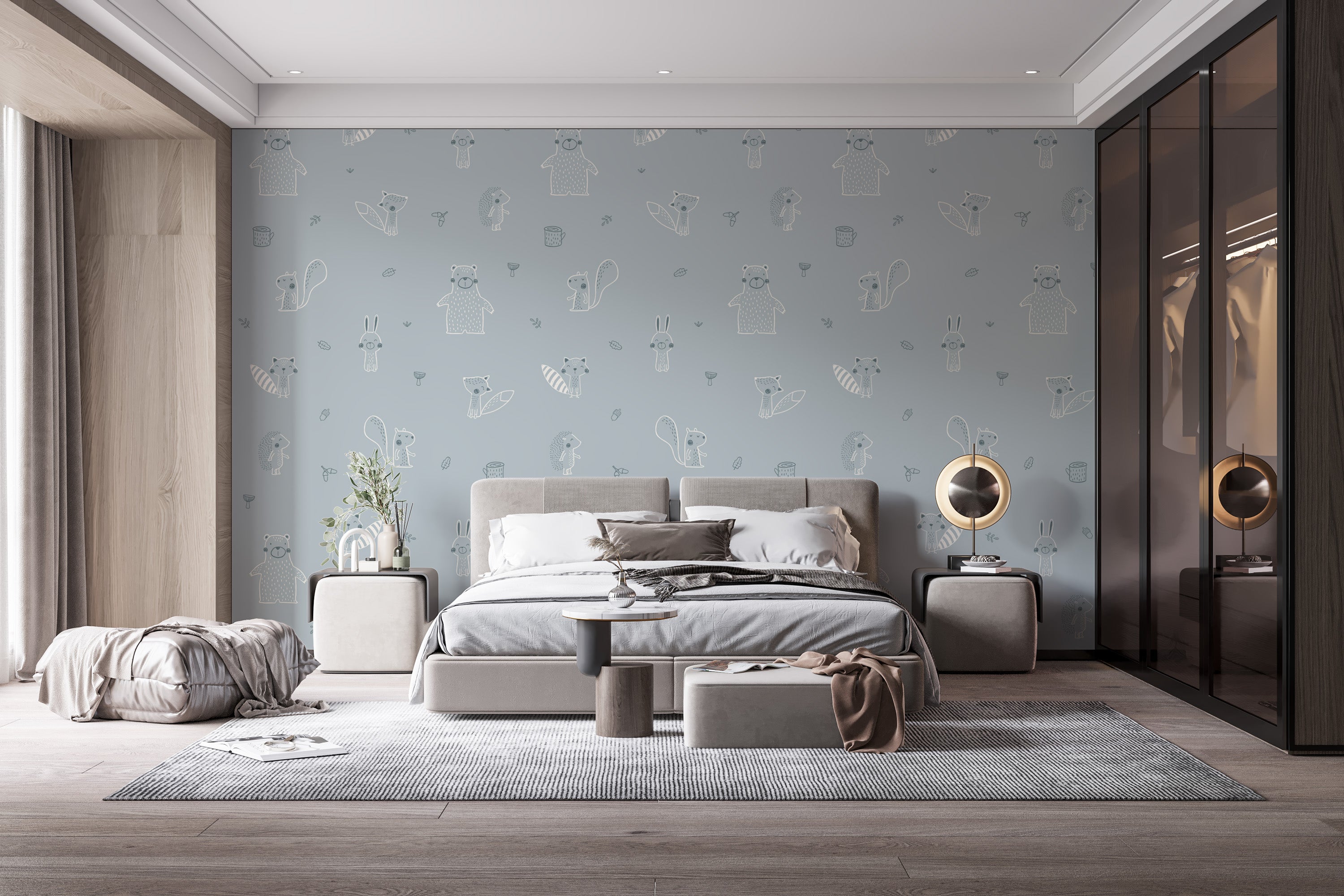 Cute blue woodland creatures wallpaper for kids' spaces.
