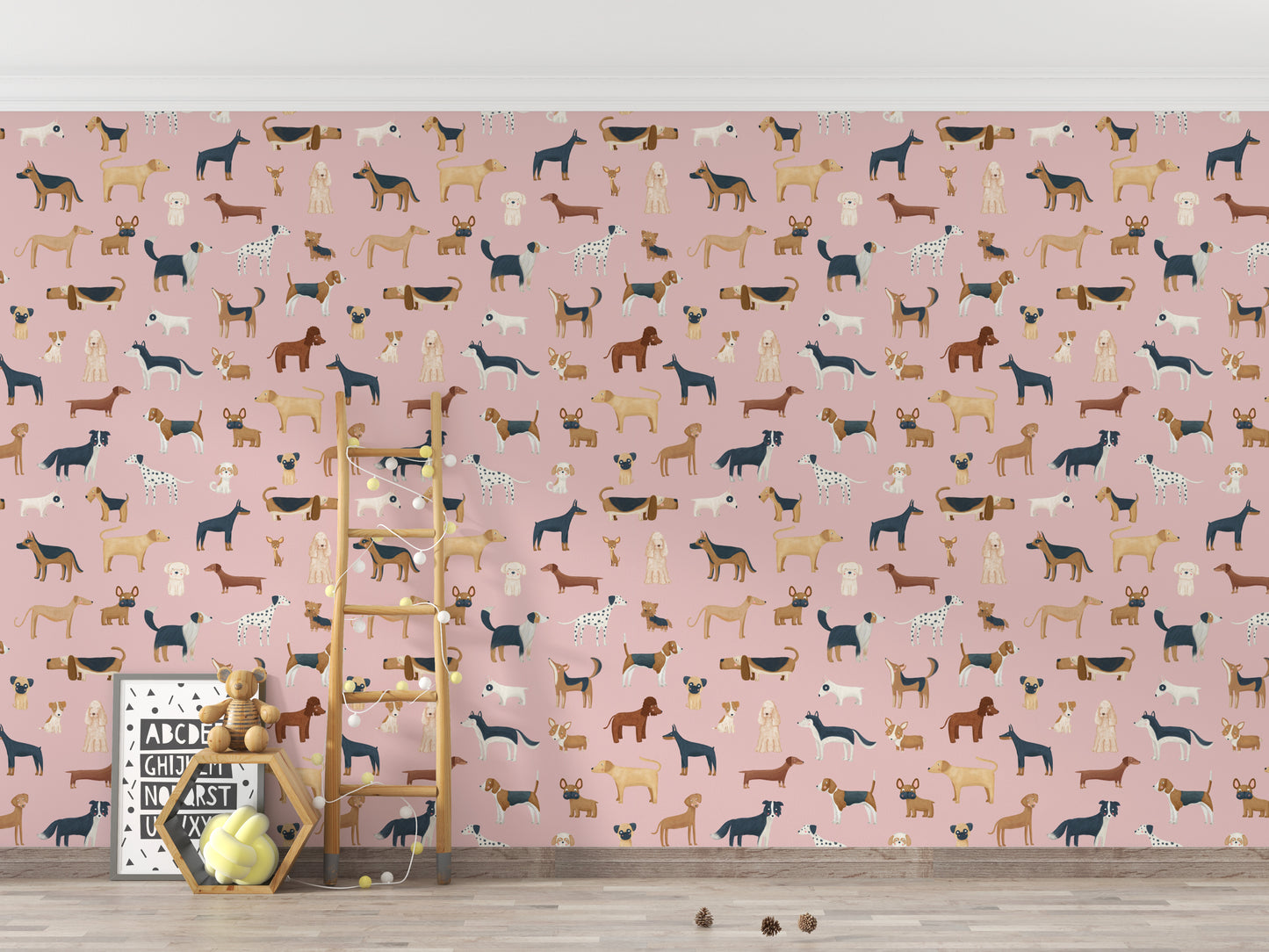 Whimsical pink dog wallpaper for children
