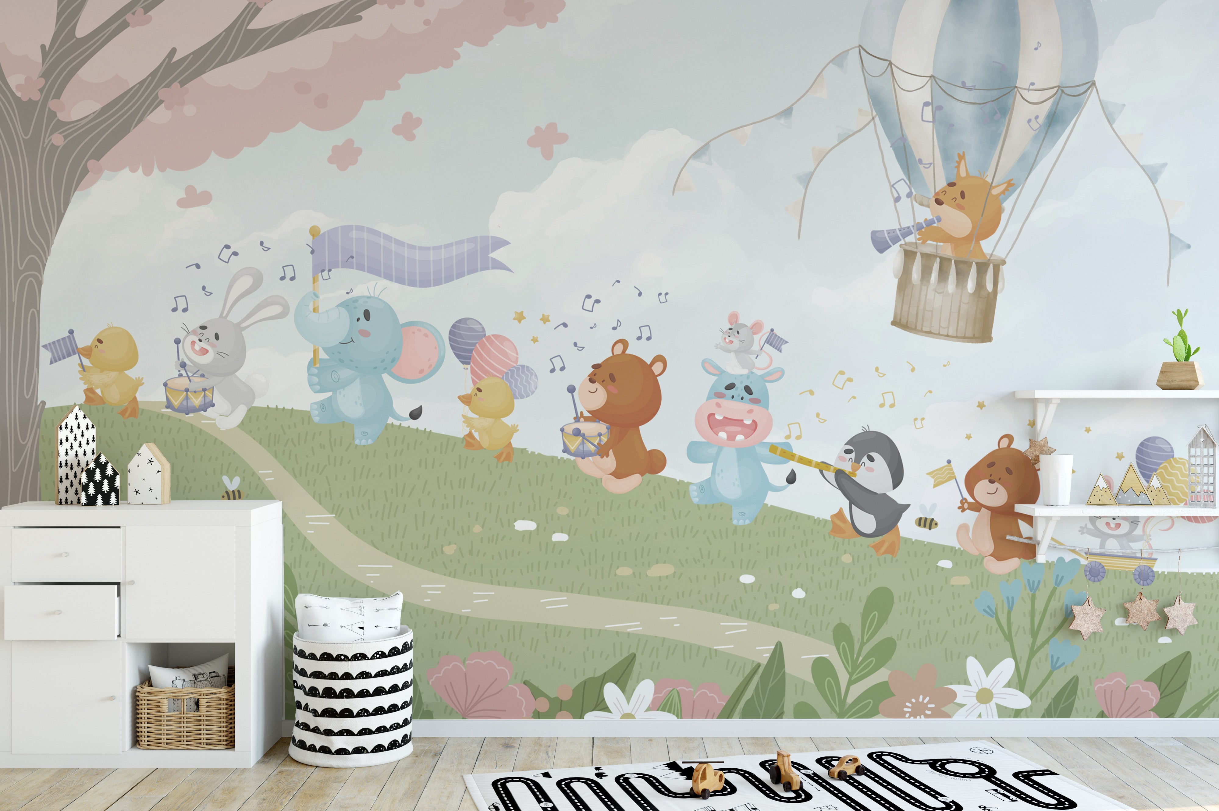 Musical-themed wallpaper mural featuring a lively menagerie