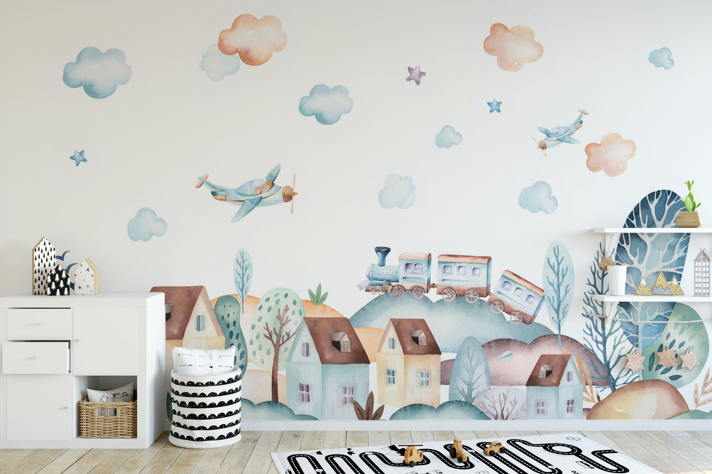 Vibrant Watercolor Village Wallpaper for Nursery Walls
