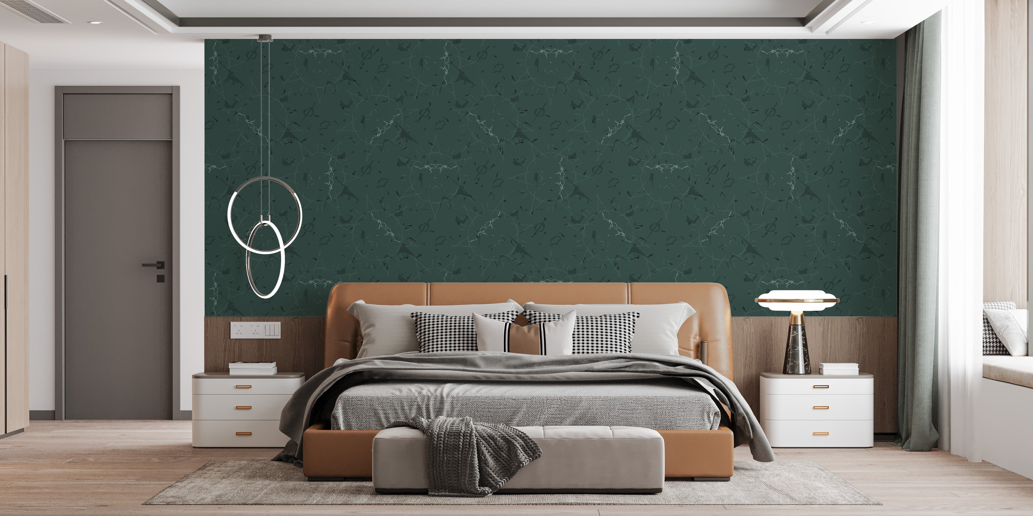 Elegant dark green line art pattern wallpaper.