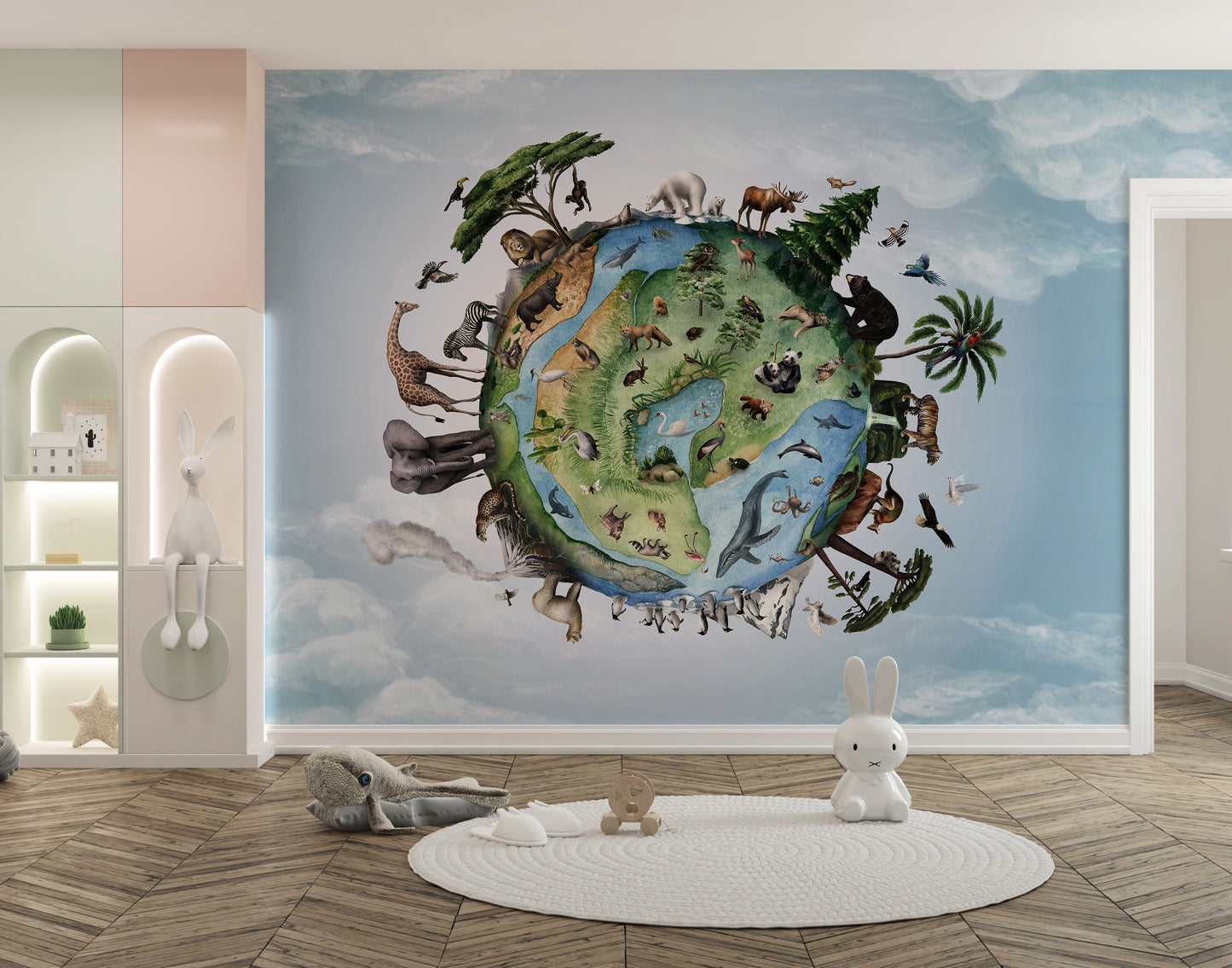 Earth-themed wallpaper featuring diverse wildlife species