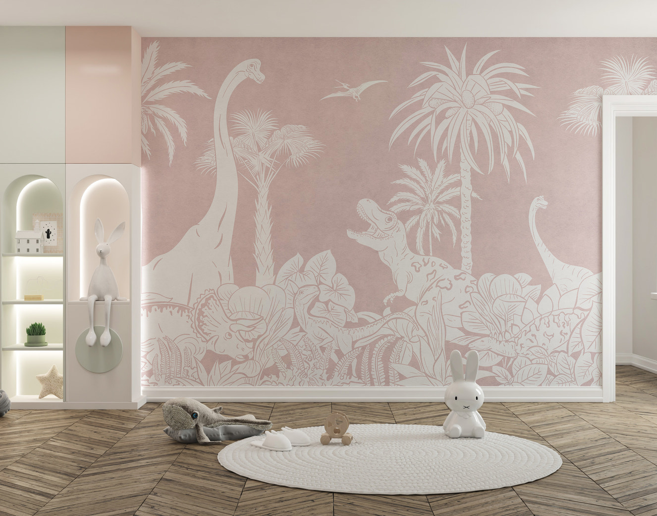 Monochrome dinosaur mural with tropical plants and trees.