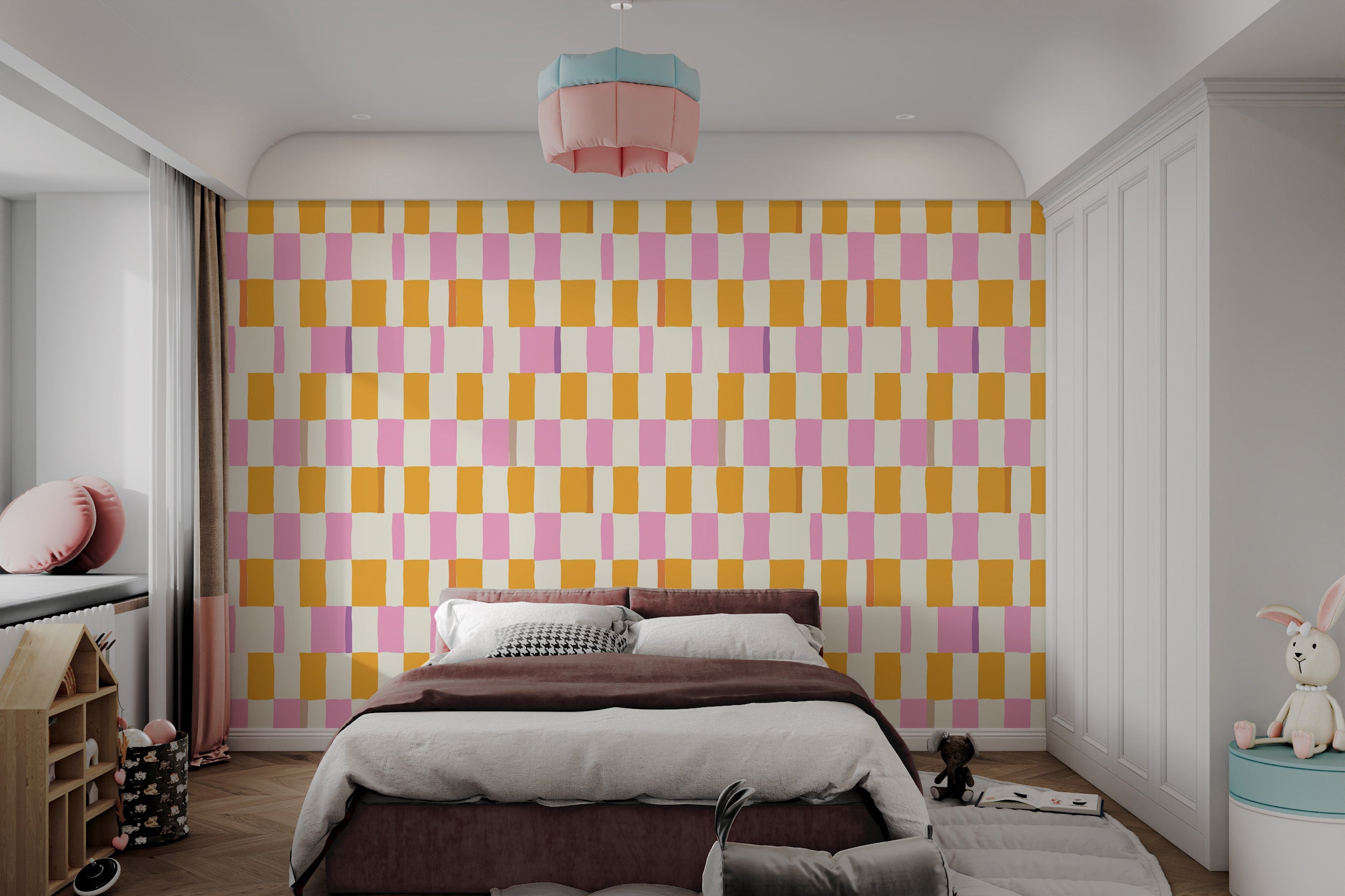 Easy-to-apply colorful checkered wallpaper decor