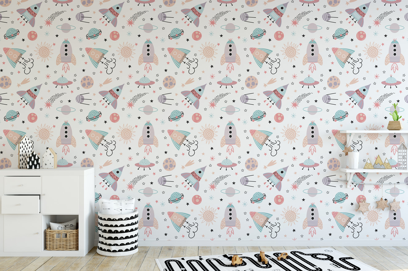 Playful space-themed wallpaper design
