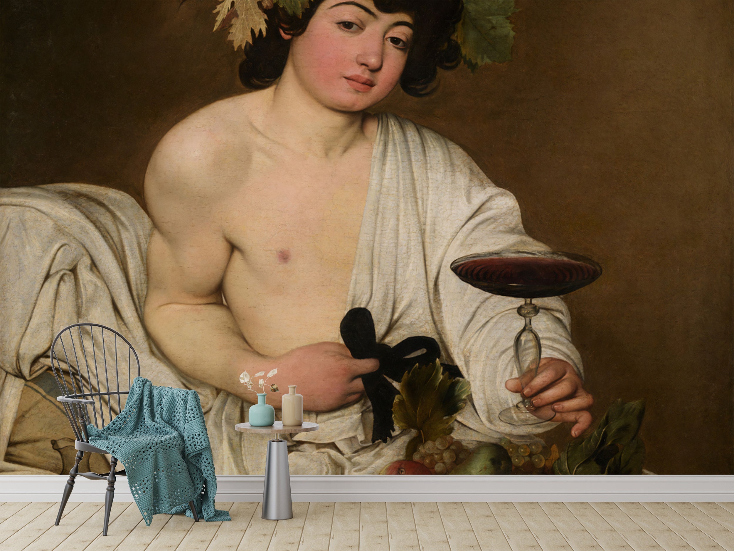 Roman God of Wine artwork inspired by Caravaggio's Baroque style.
