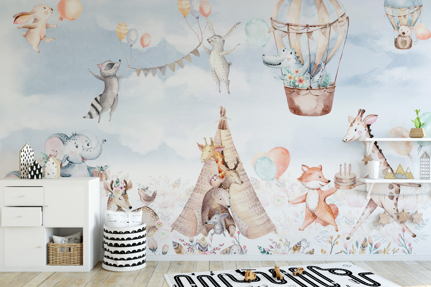 Stunning balloons mural wallpaper over a blooming valley.
