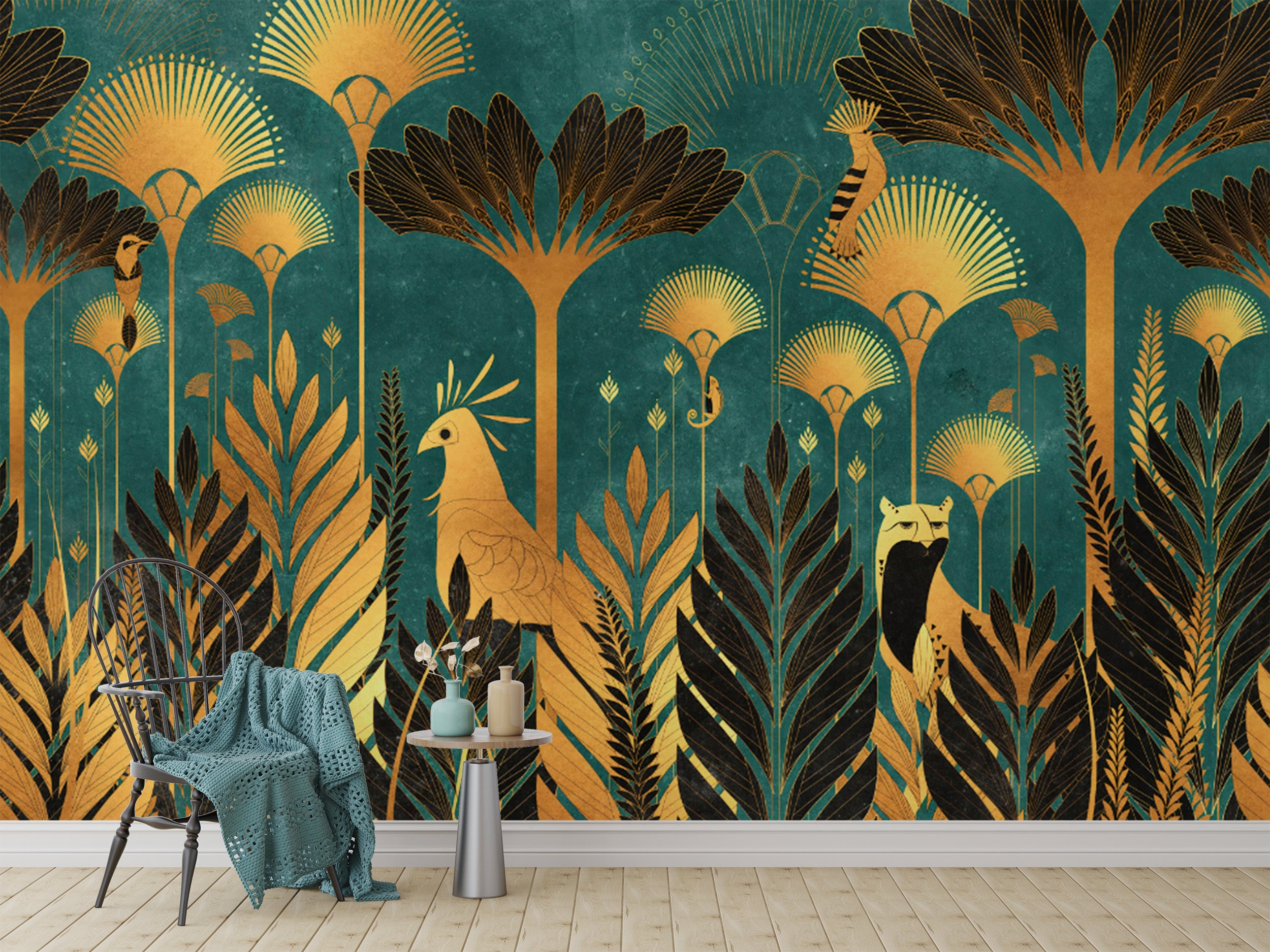 Sophisticated teal Art Deco jungle wallpaper for modern walls
