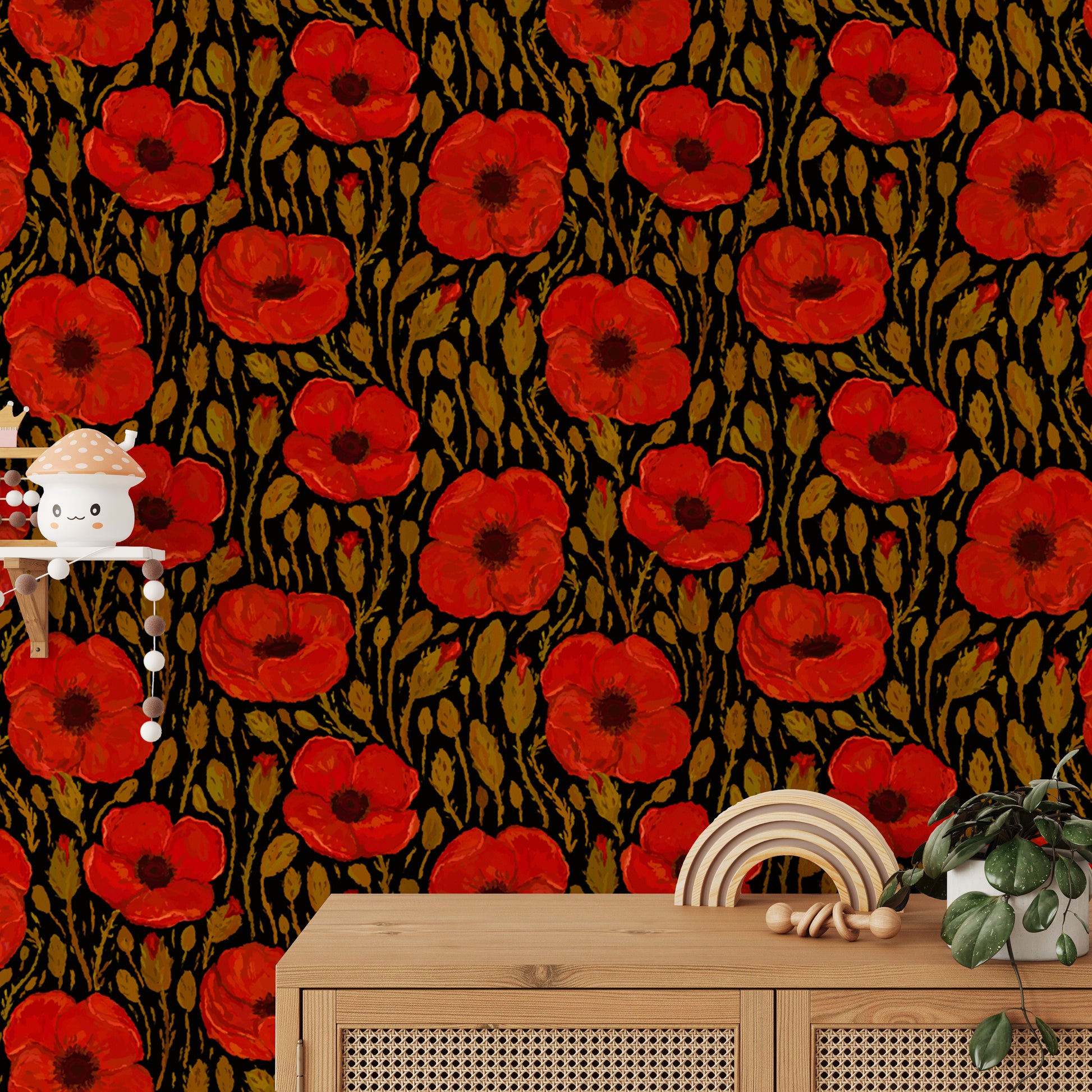 Whimsical dark red poppy wallpaper for cozy, nature-inspired spaces.
