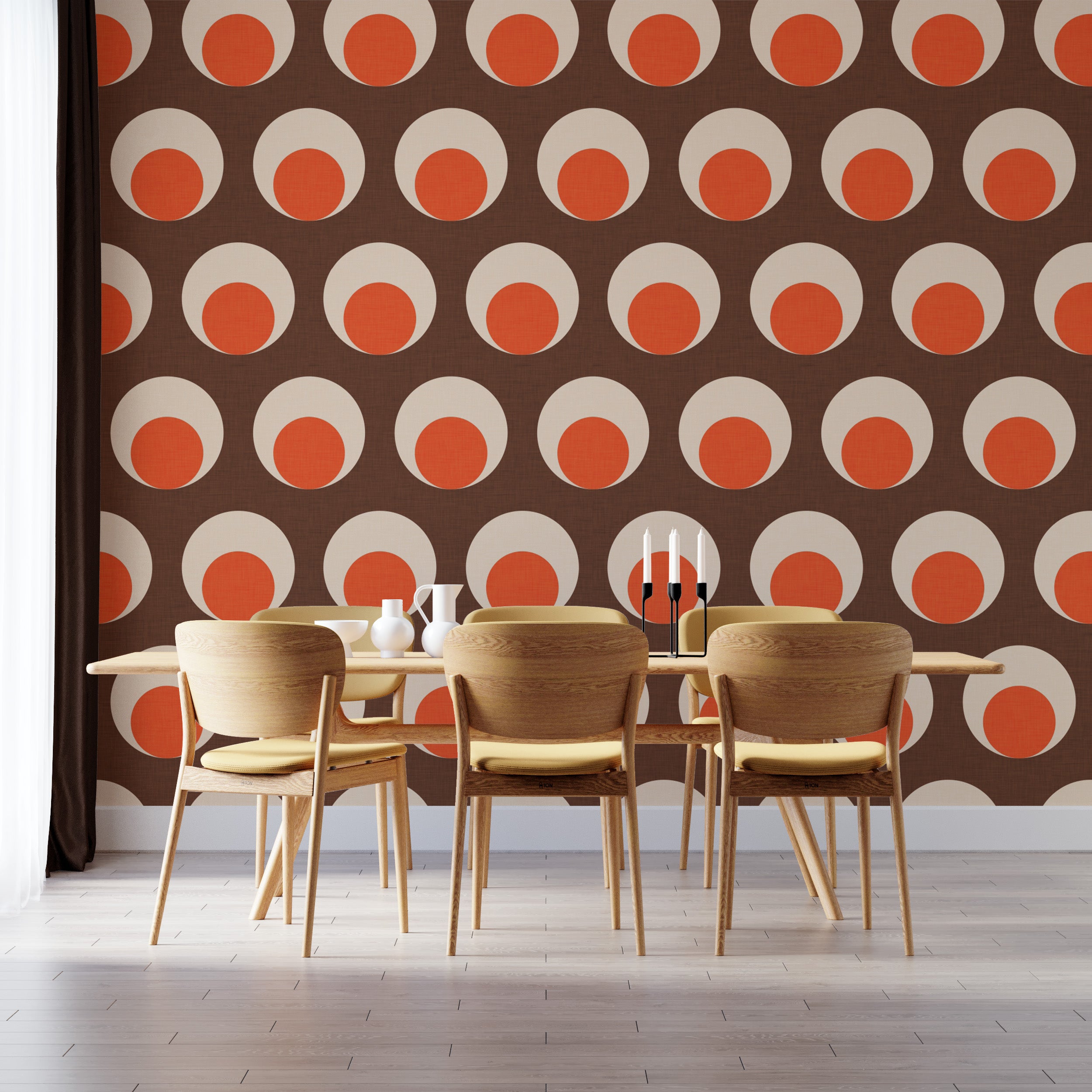 Retro brown wallpaper with bold dot patterns
