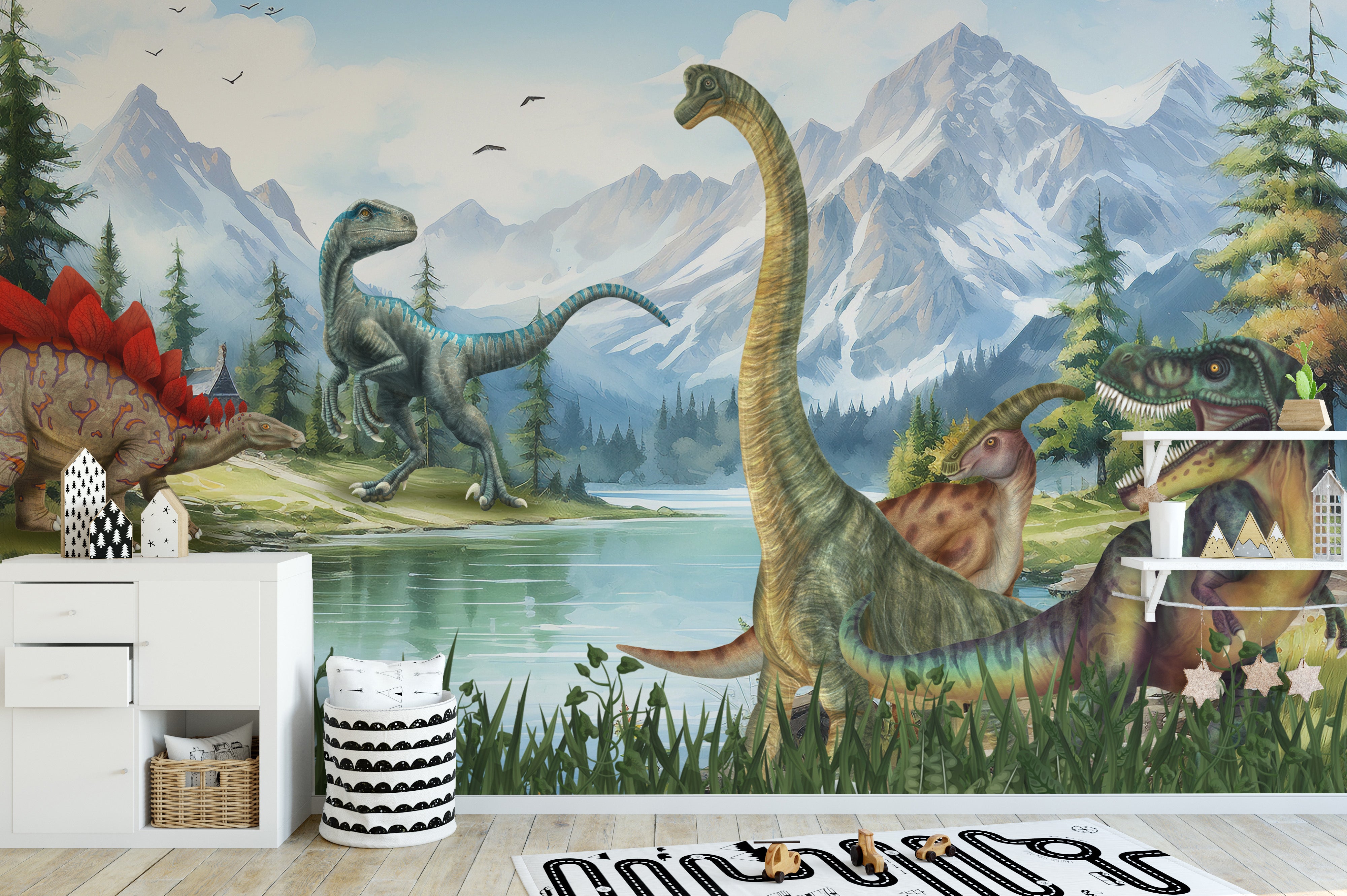 Jurassic Valley wallpaper with dynamic dinosaur mural art.
