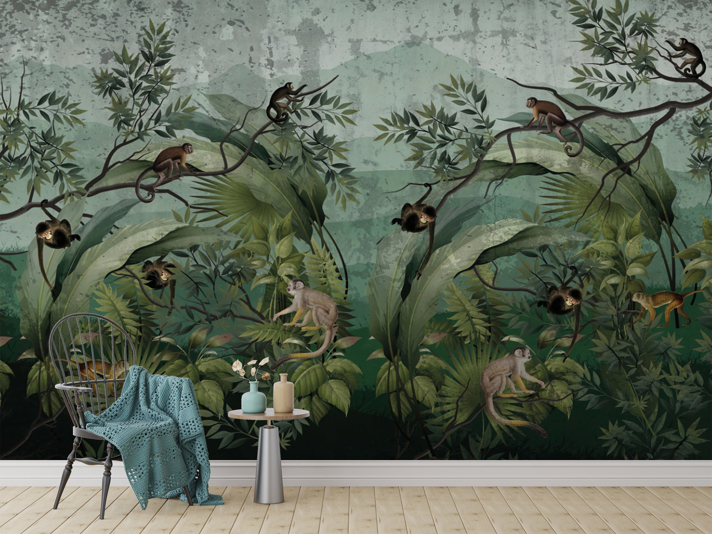 Nature-inspired wall mural with jungle monkeys and trees
