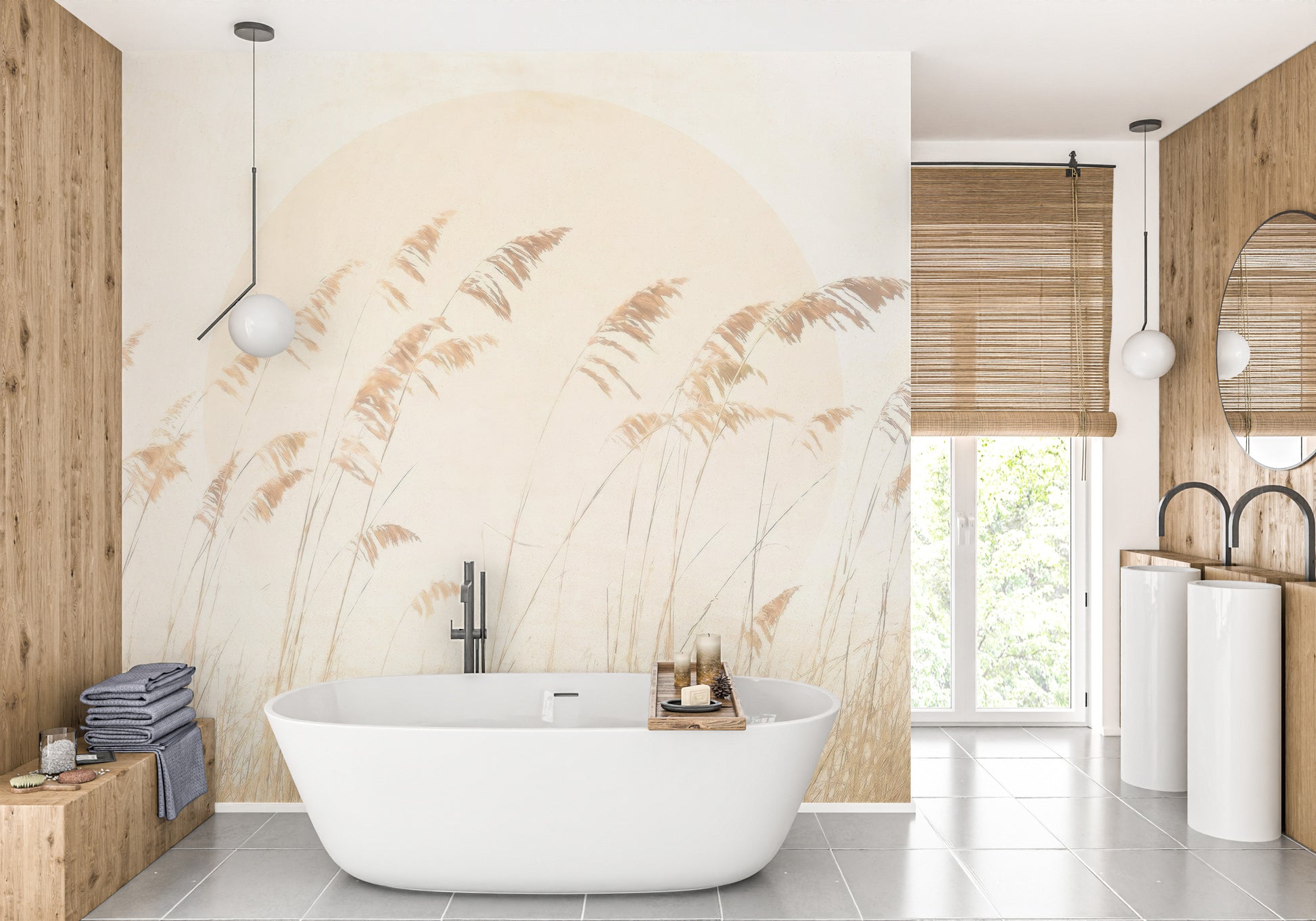 Serene beige reed wallpaper for calming spaces