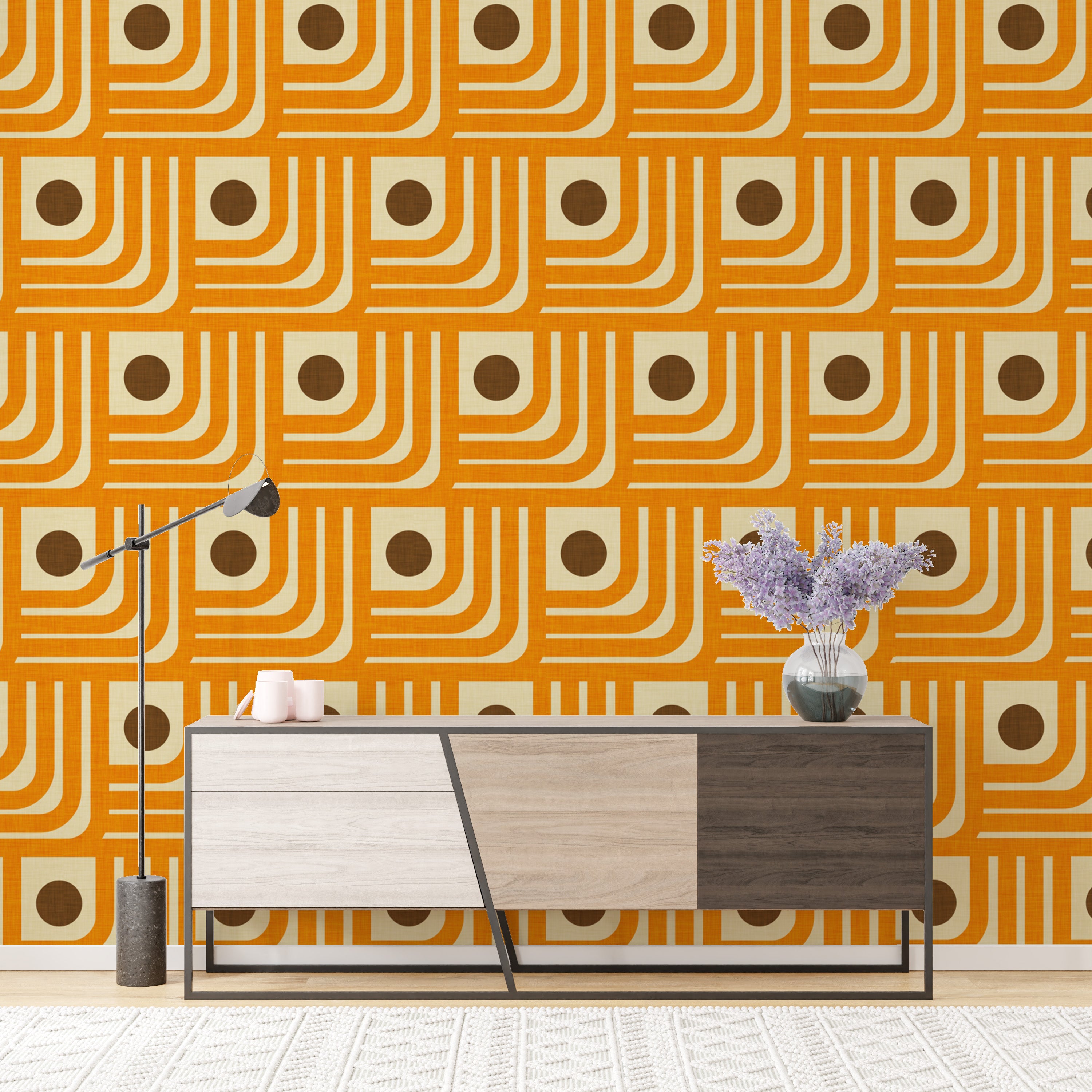 Retro orange curves and dots wallpaper mural
