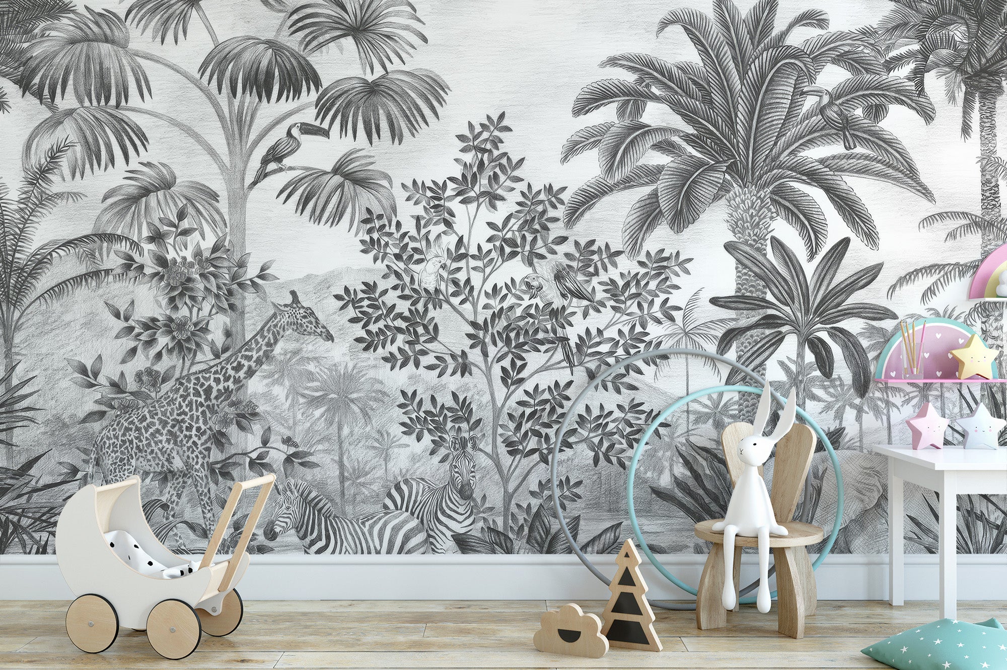 Scenic wildlife wall murals in monochrome
