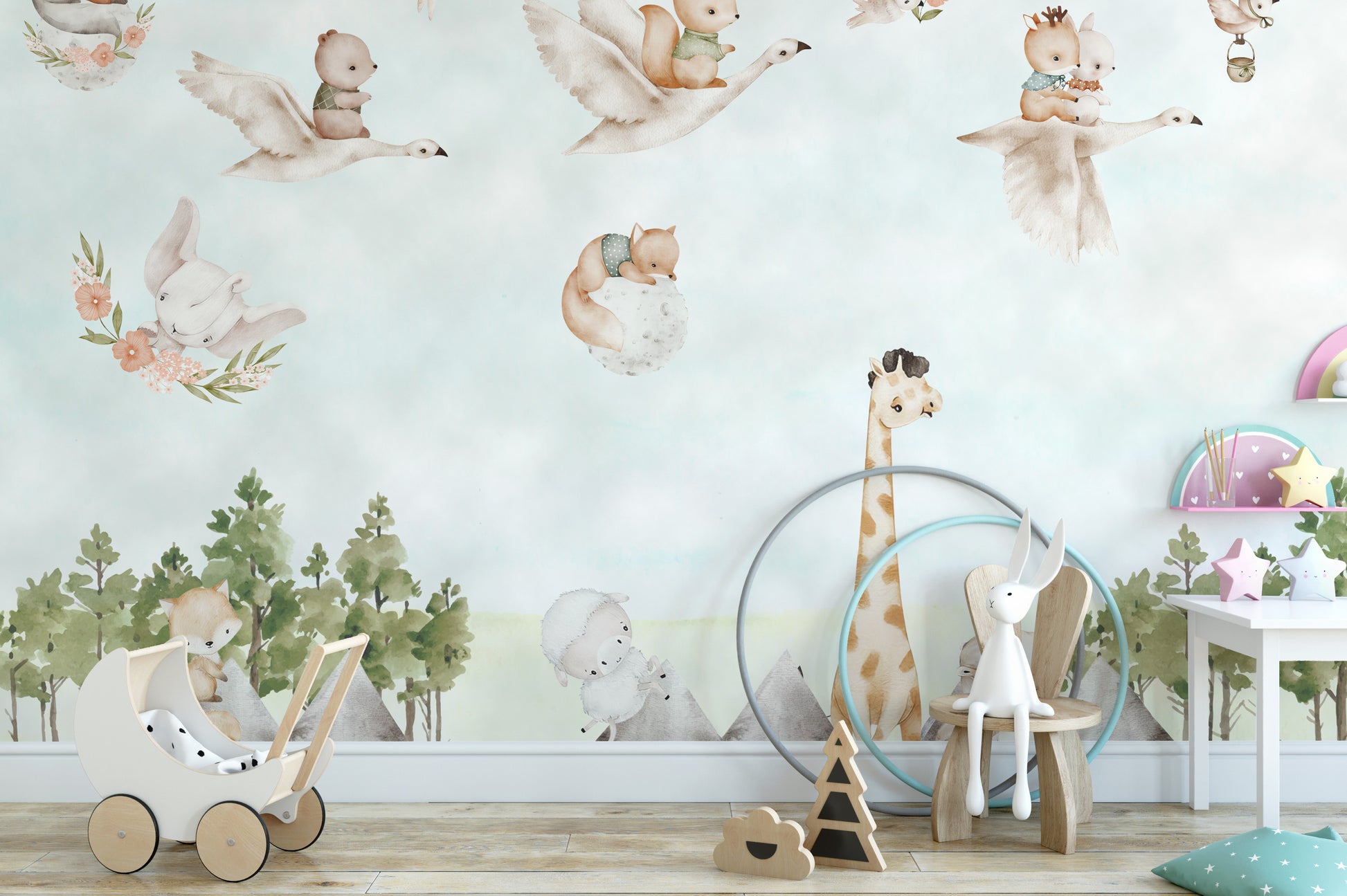 Enchanting woodland design with creatures mural