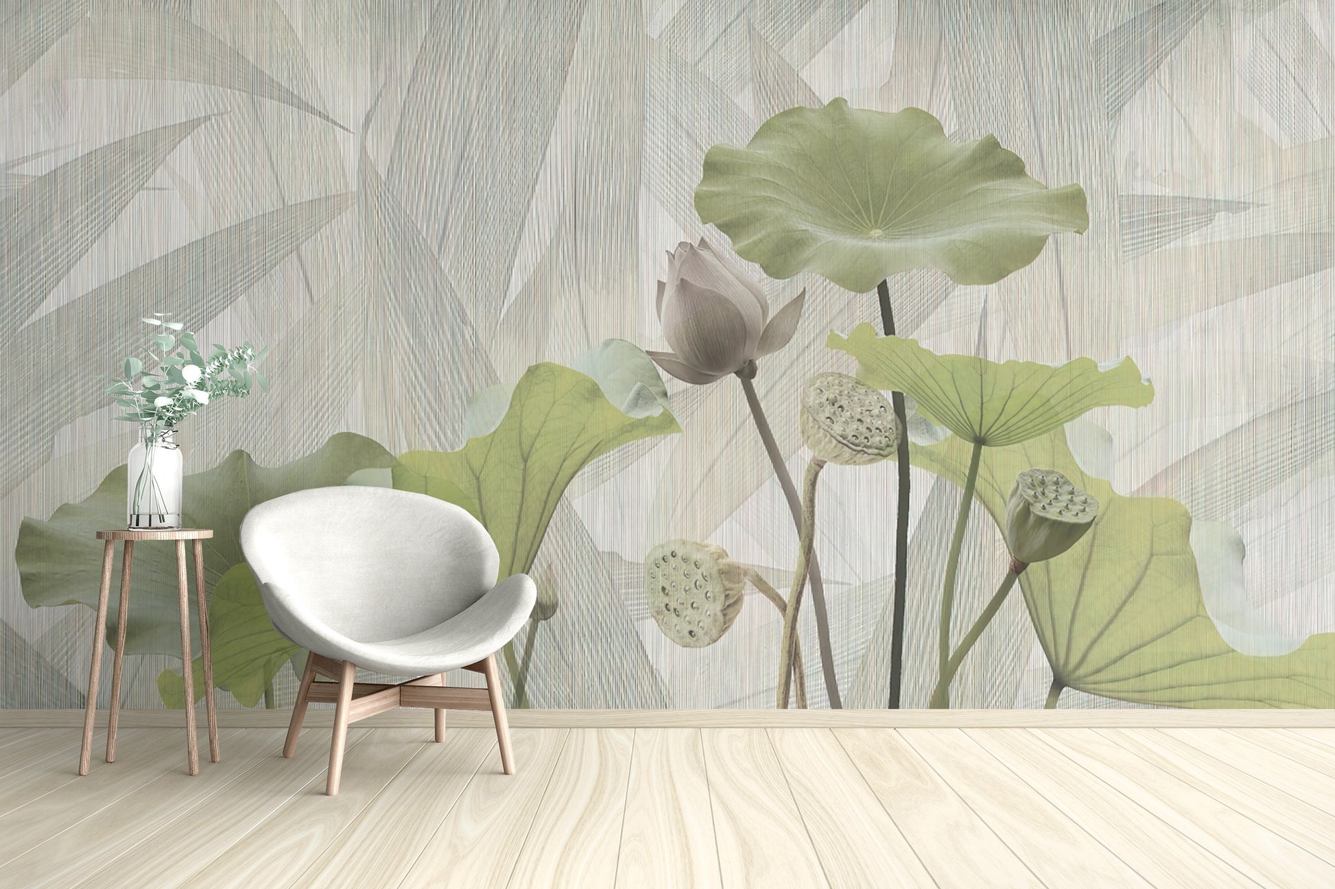 Lotus-themed mural wallpaper adds elegance to any room