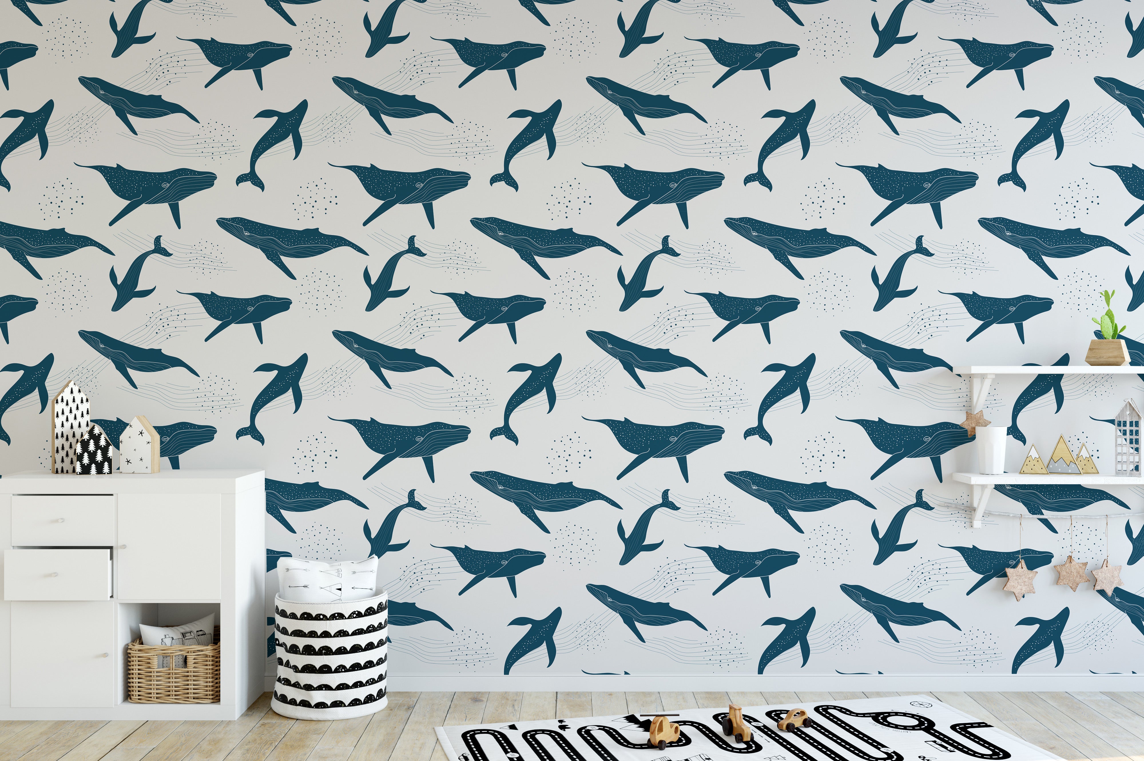 Contemporary whale wallpaper, seamless style