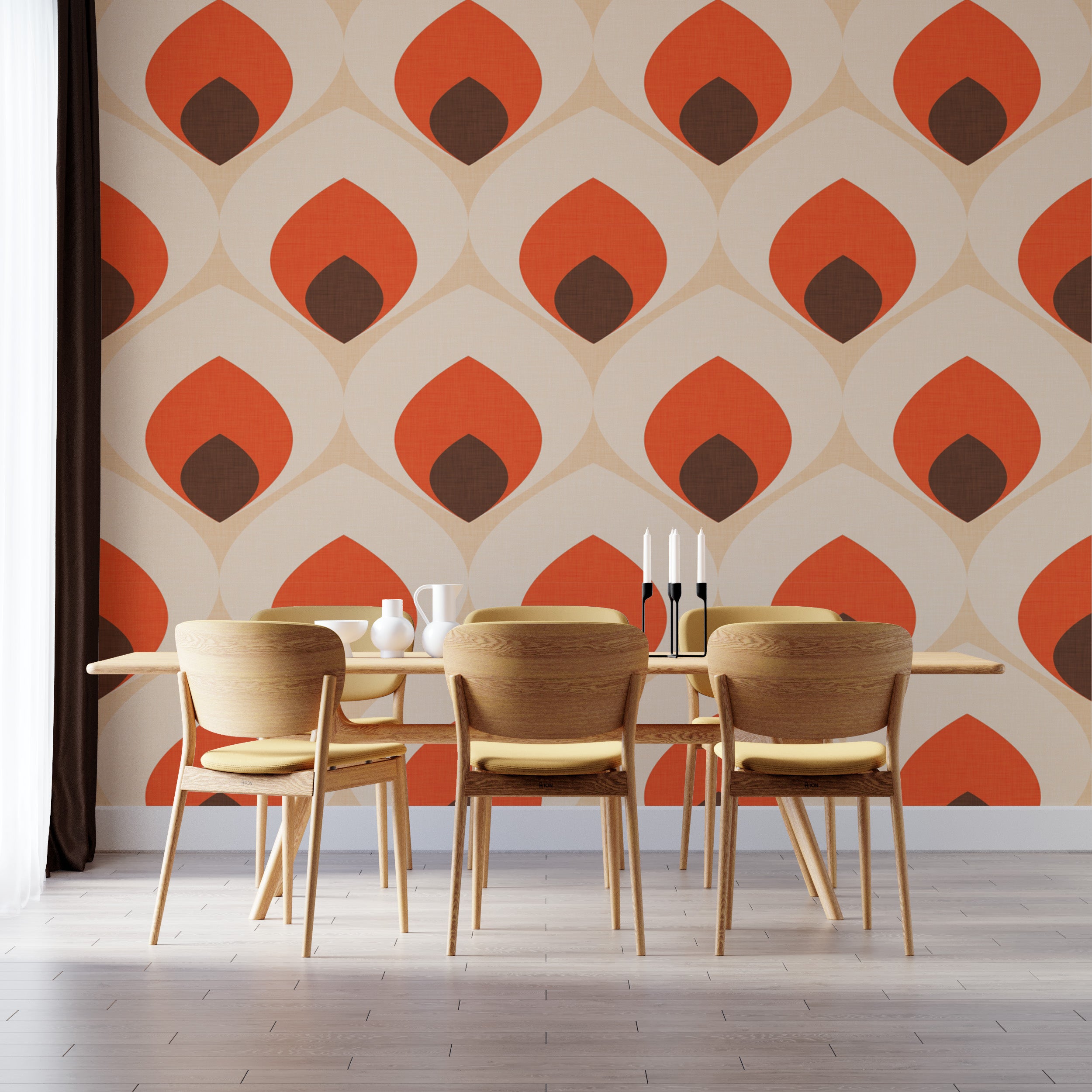 Warm orange and cream ogee print wallpaper
