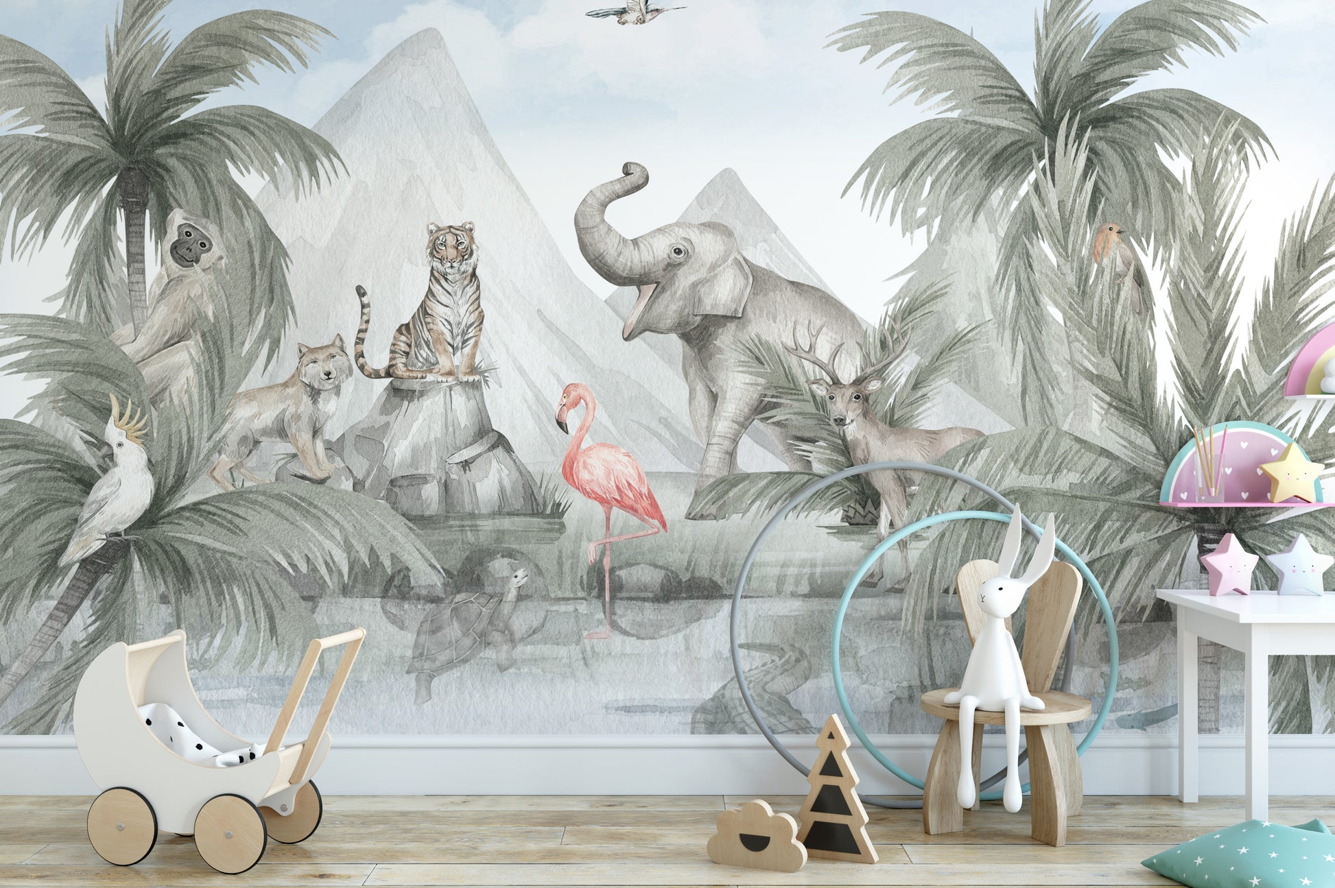 Exotic animals in a vibrant tropical wallpaper mural