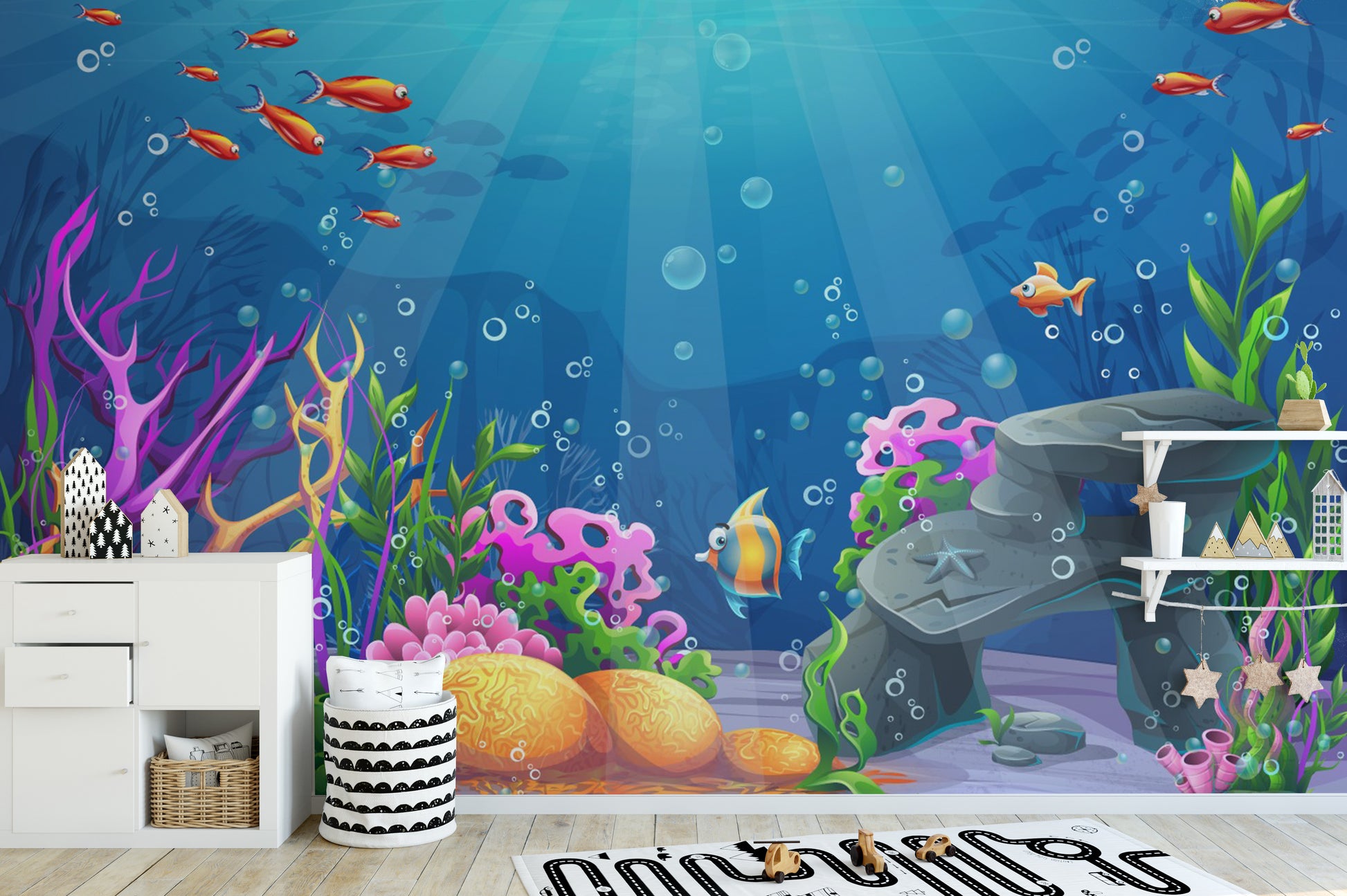 Tropical fish swimming coral reef mural design
