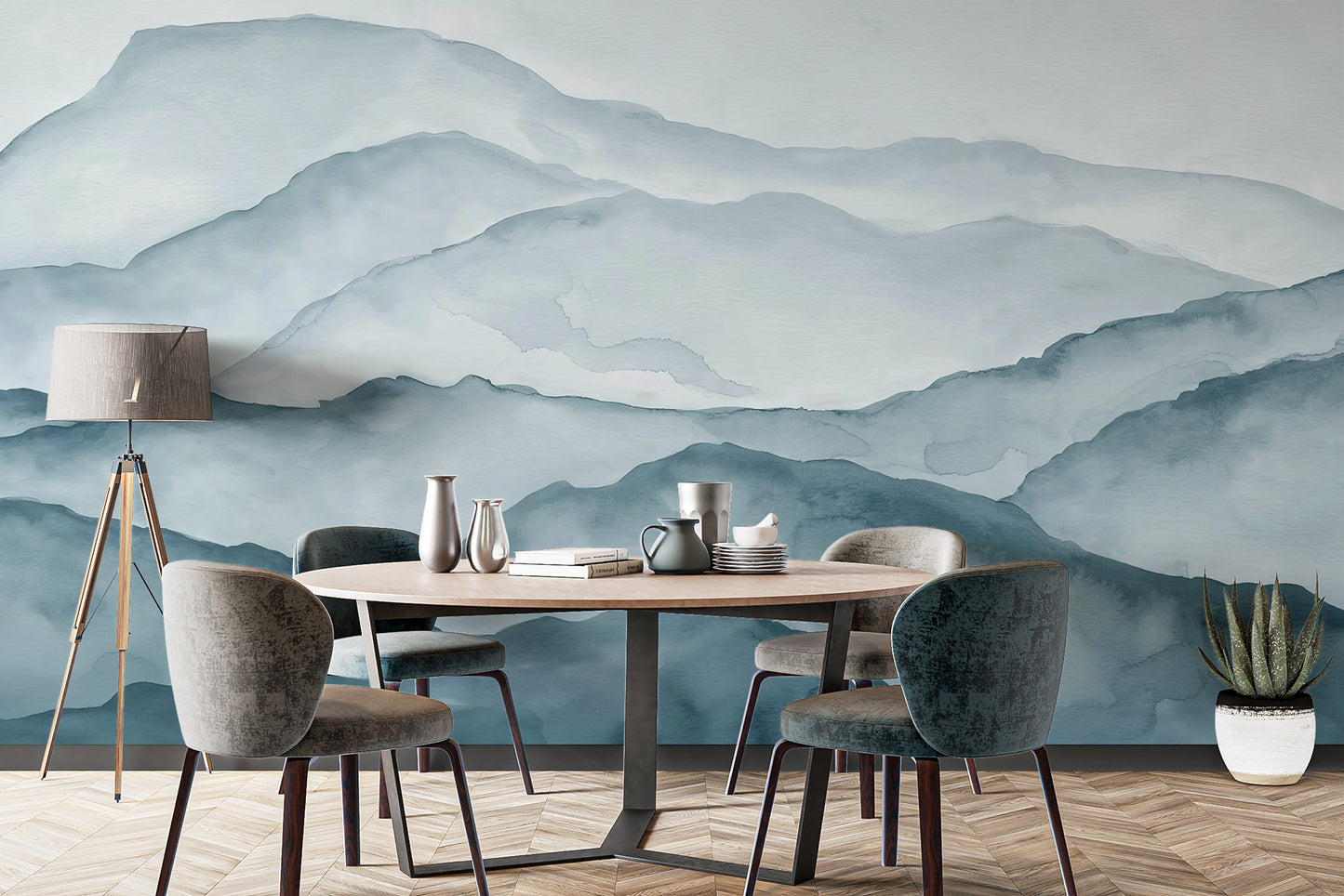 Blue Watercolour Mountain Mural