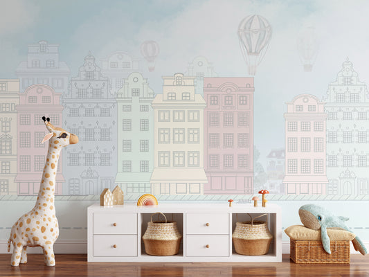 Vintage boulevard mural for kids' rooms
