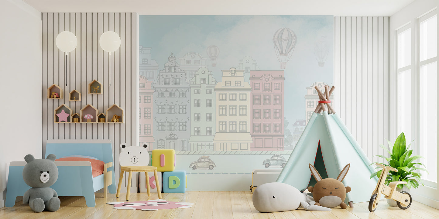 Children's wallpaper with retro car details
