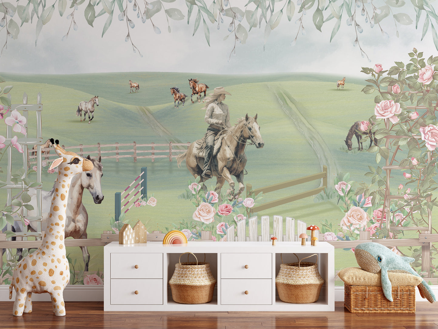 Pastoral pony mural for kids’ rooms
