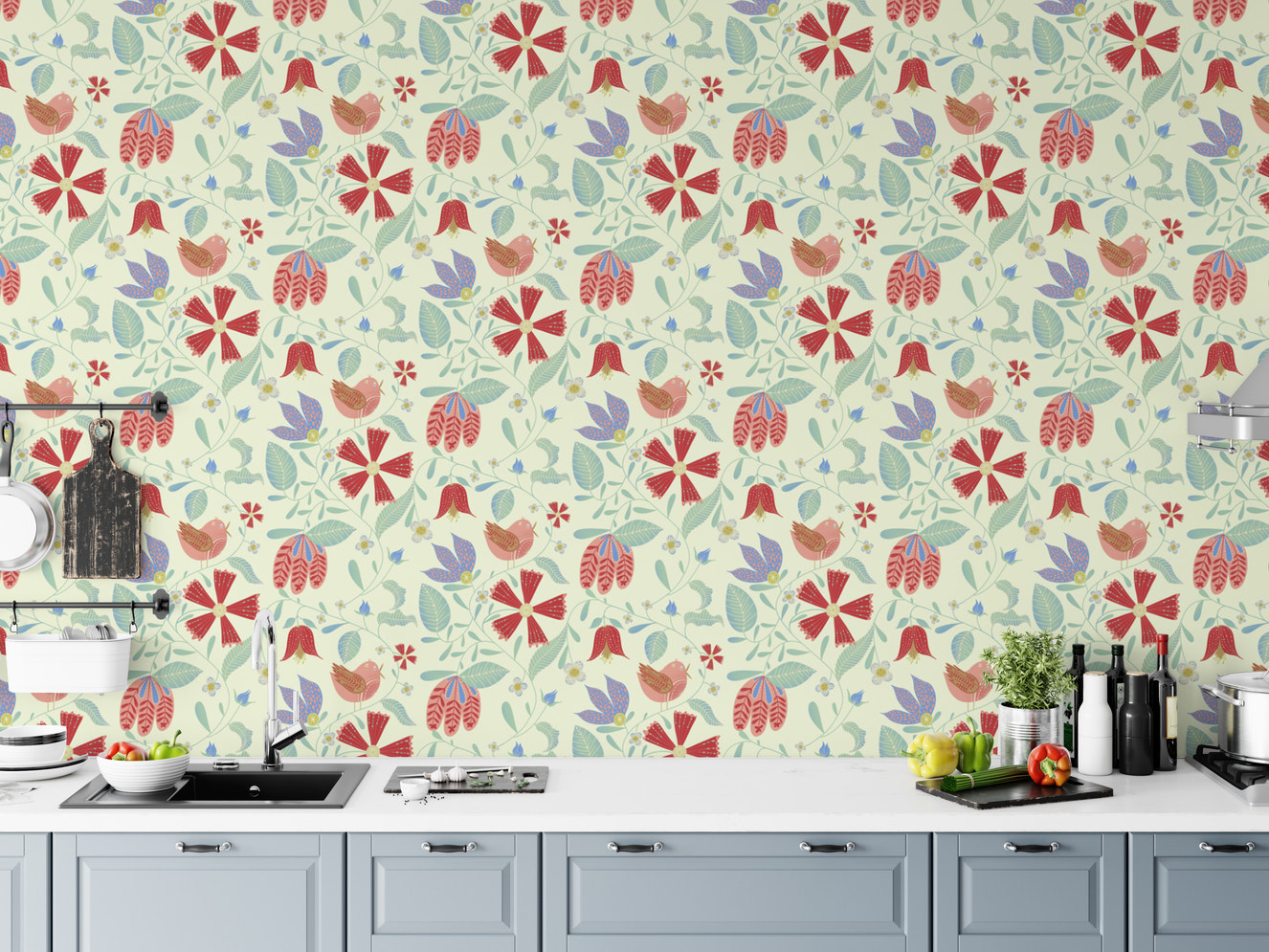 Charming folksy birds wallpaper with whimsical patterns.
