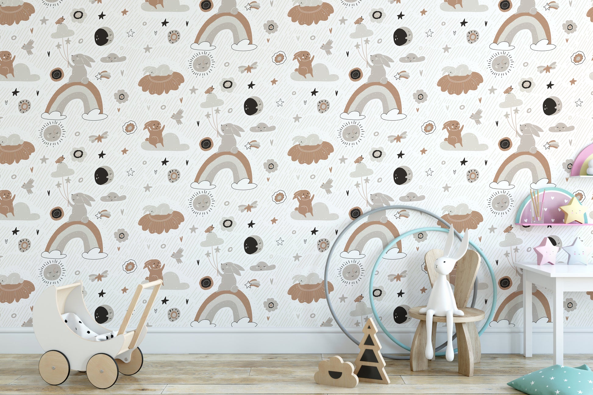 Fun mural wallpaper with bunnies and rainbows