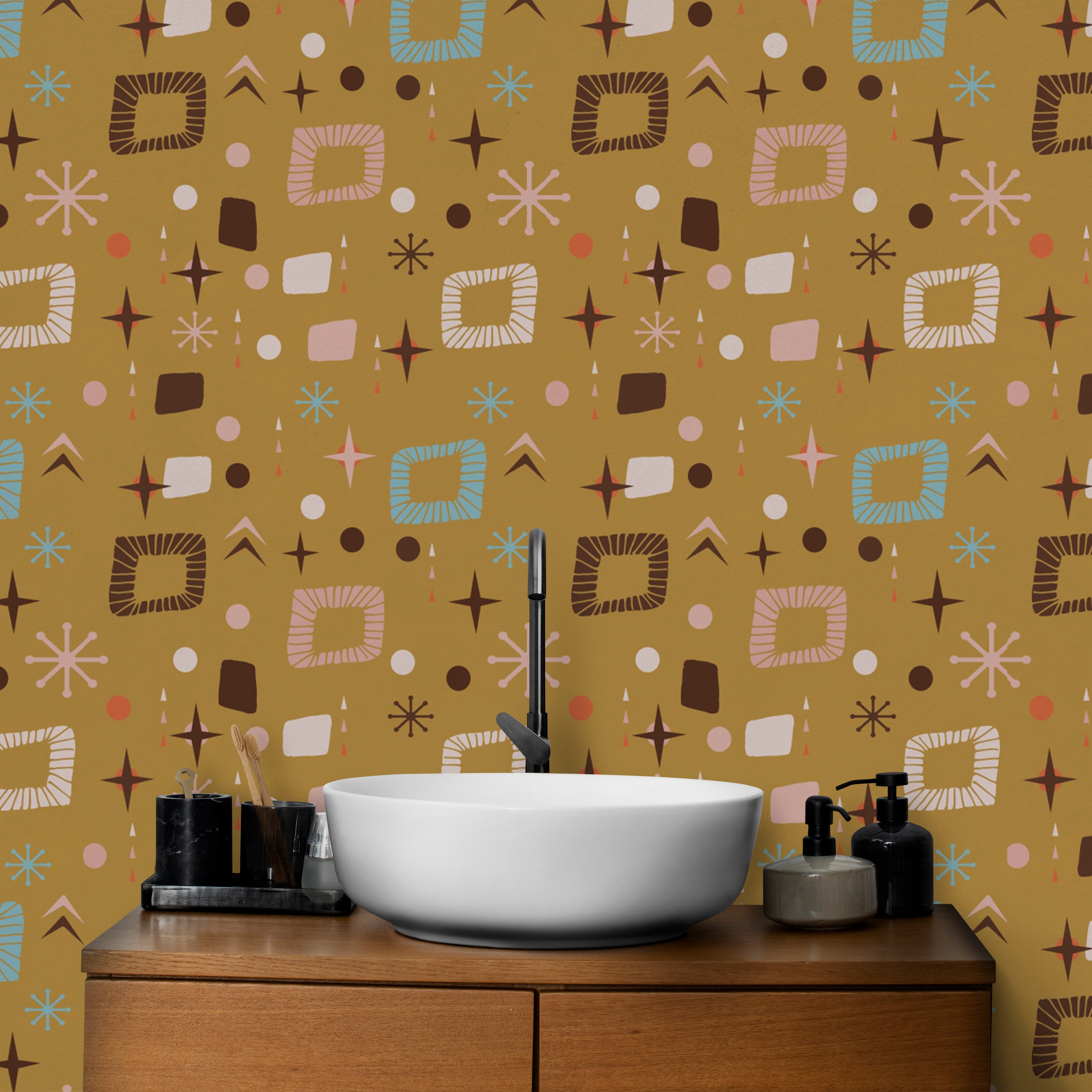 Modern retro geometric shapes yellow wallpaper
