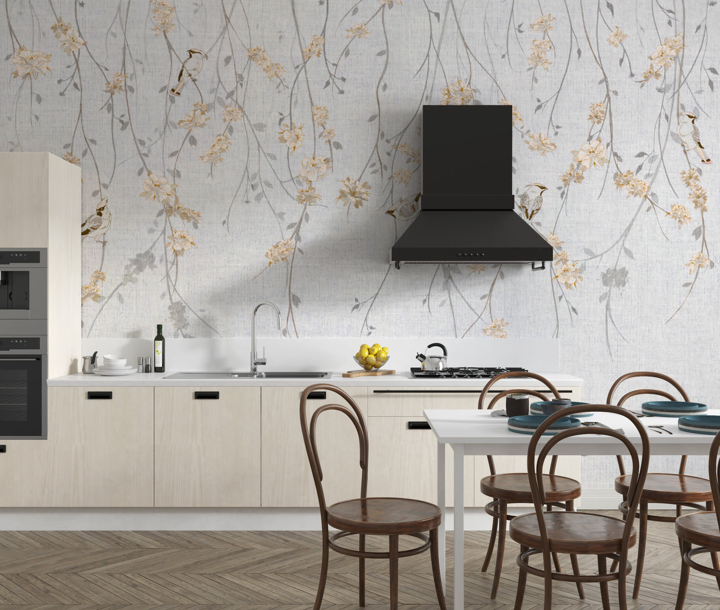 Minimalist botanical wallpaper with hanging floral details
