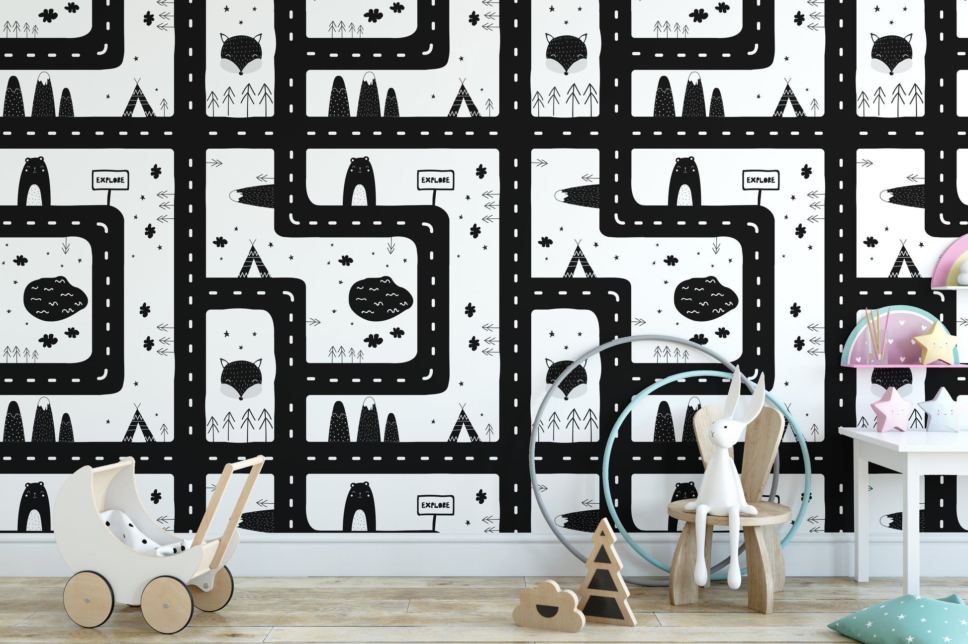 Playful city road wallpaper with patterns.