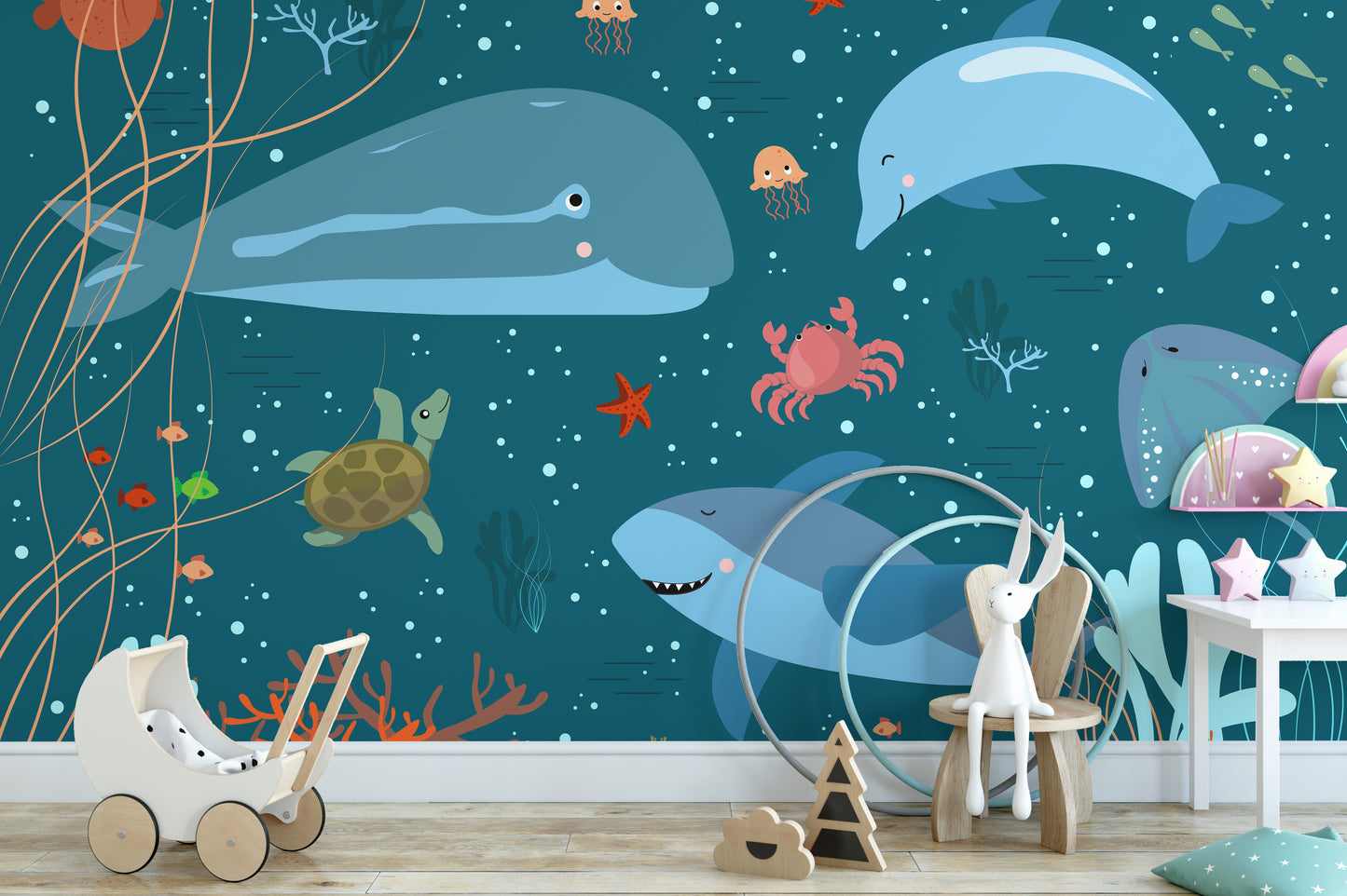 Blue Underwater Cartoon Whales Kids Room Wallpaper Murals