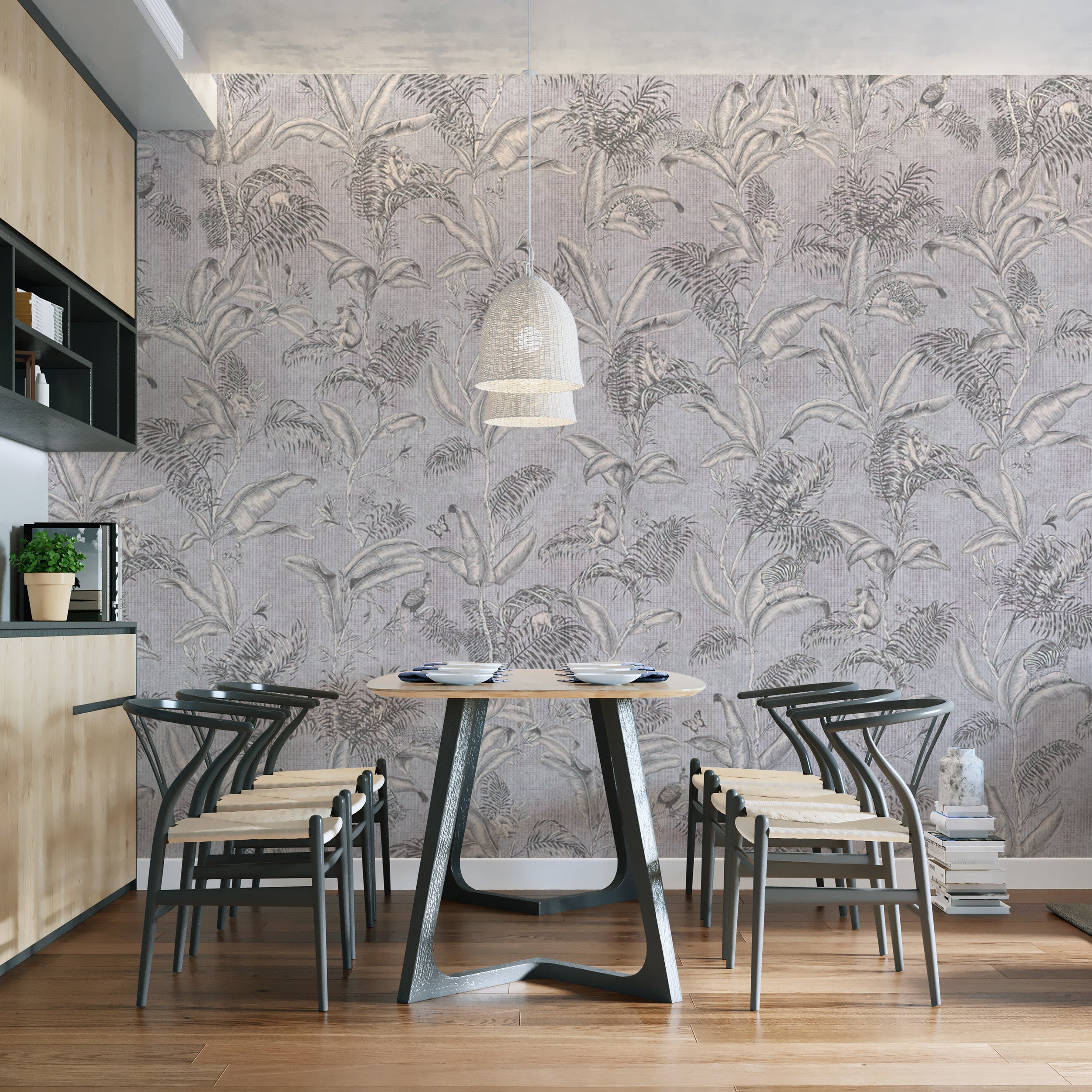 Removable Darwin Gray Tropical Foliage Wall Covering
