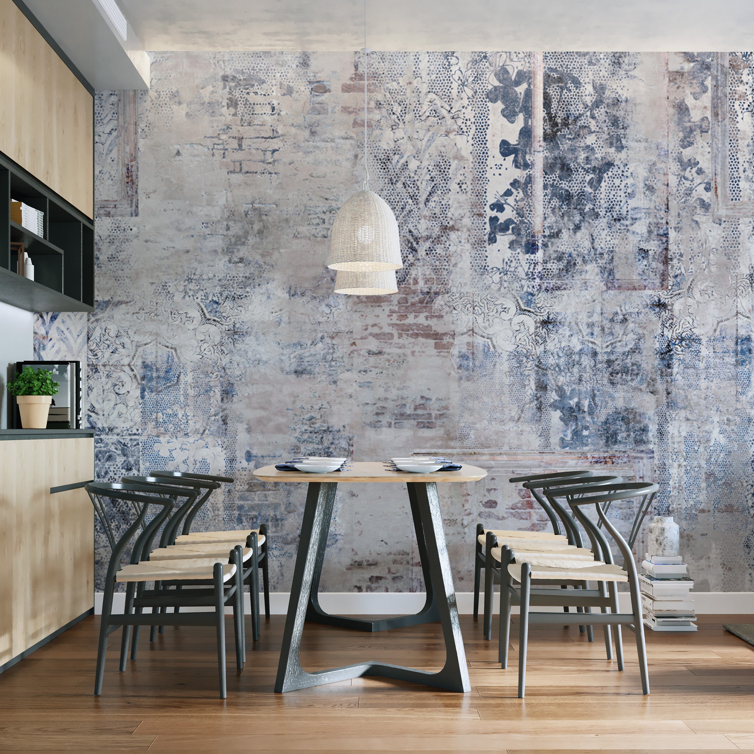 Layered distressed vintage wallpaper with unique textures




