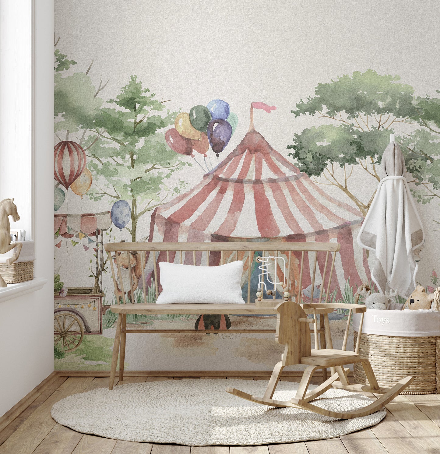 Woodland circus-themed wallpaper for children