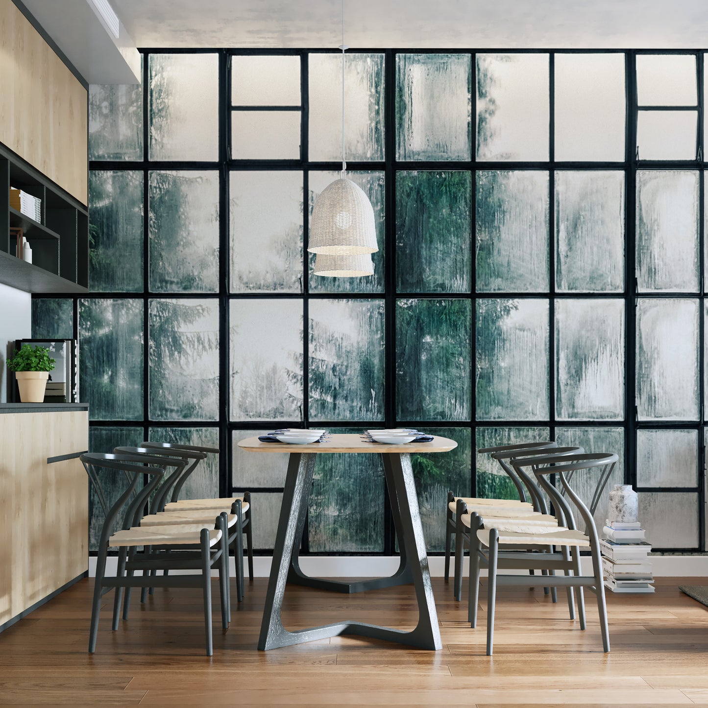 Foggy industrial window pane wallpaper design
