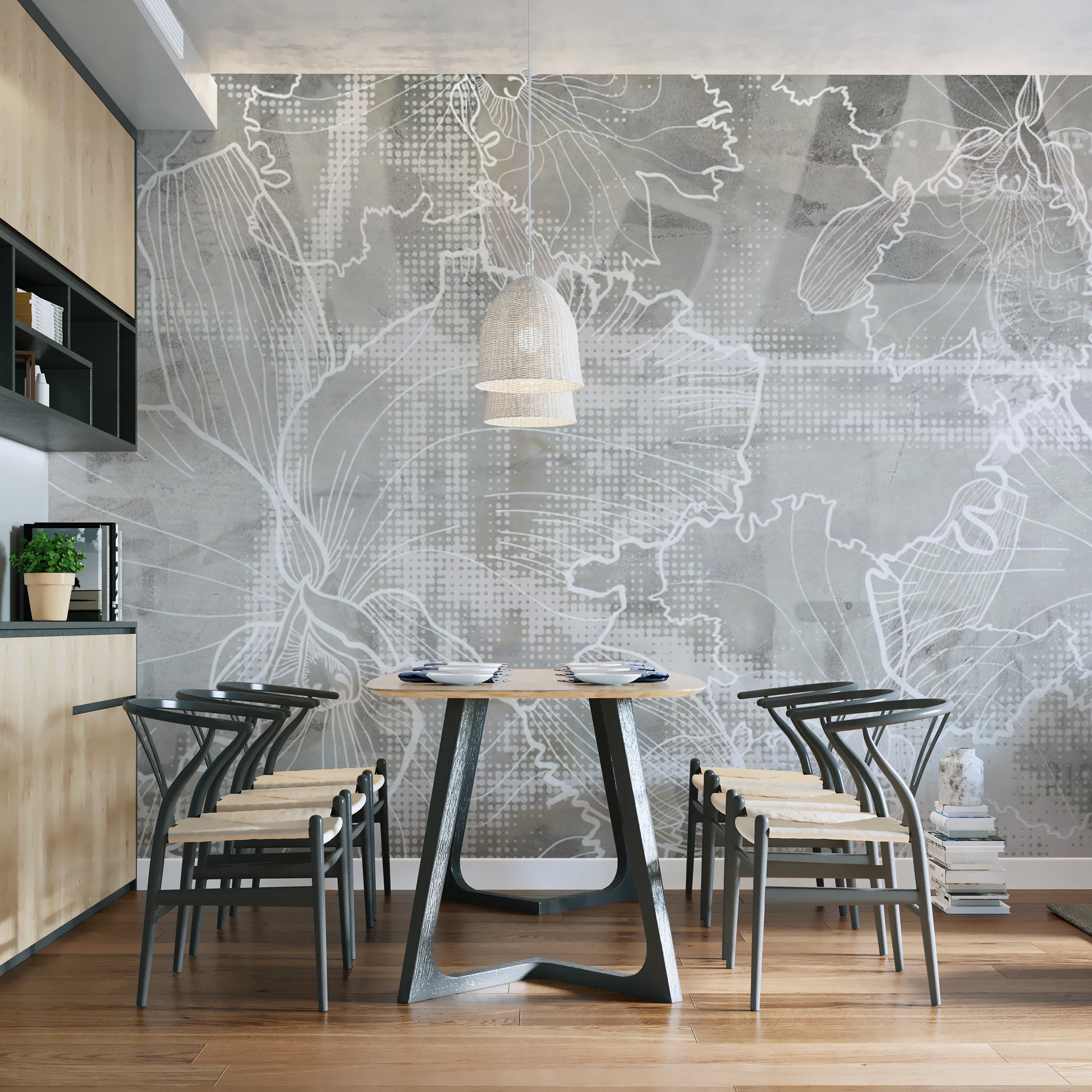 Soft floral outlines on a sleek grayscale wallpaper mural
