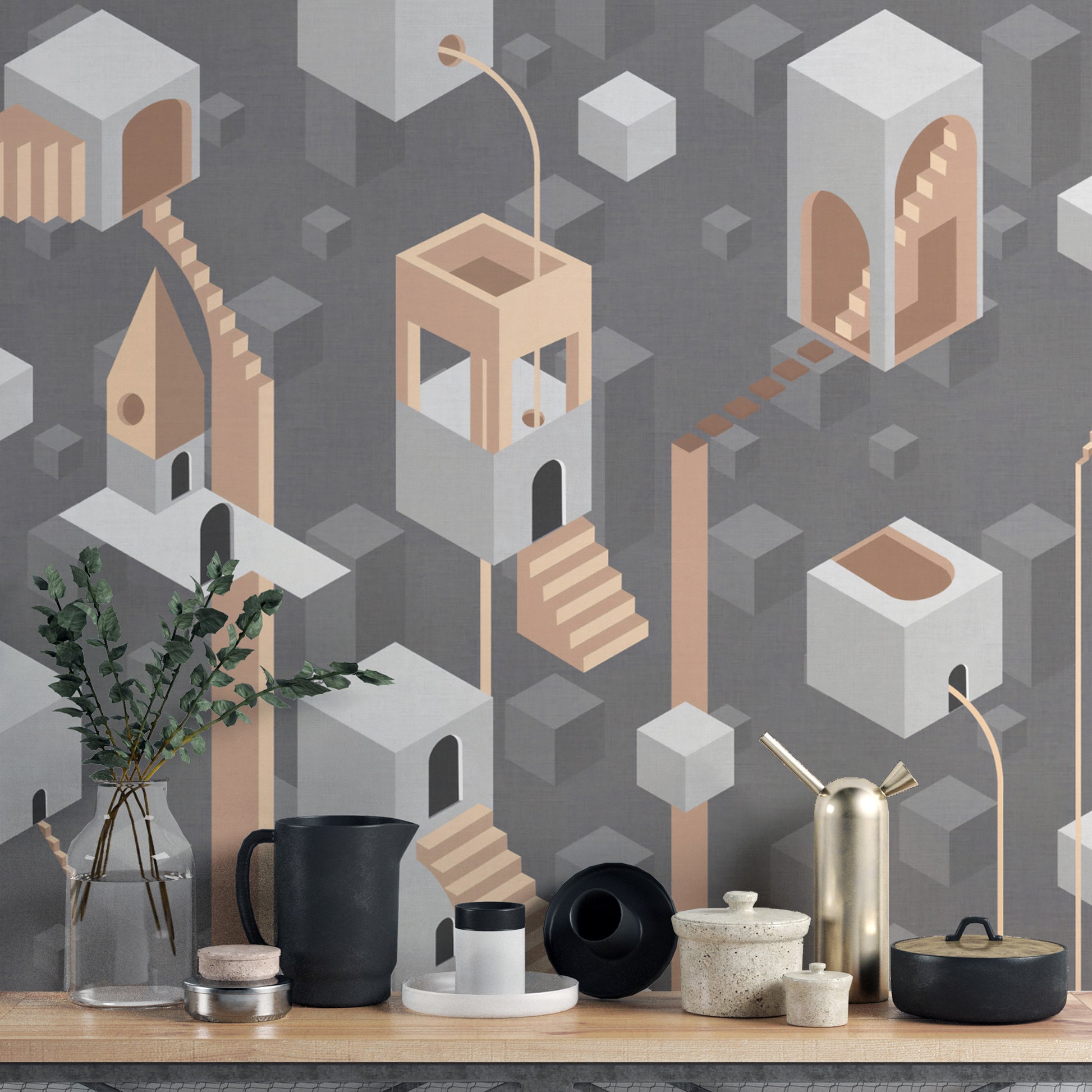 Bold Gray Surreal Geometric Architecture Wallpaper with Arches
