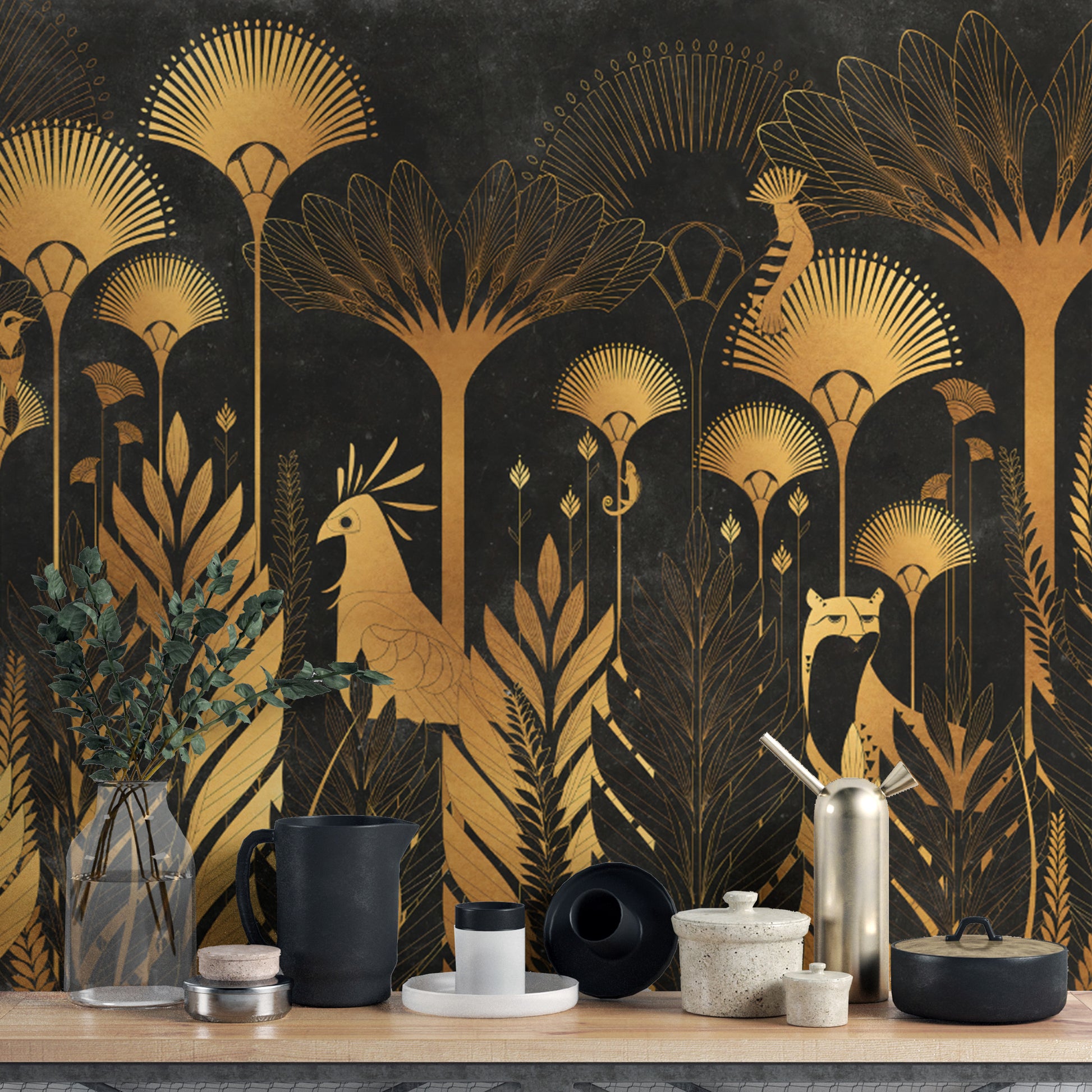 Bold Luxurious Art Deco Jungle Wallpaper for Tropical Interiors