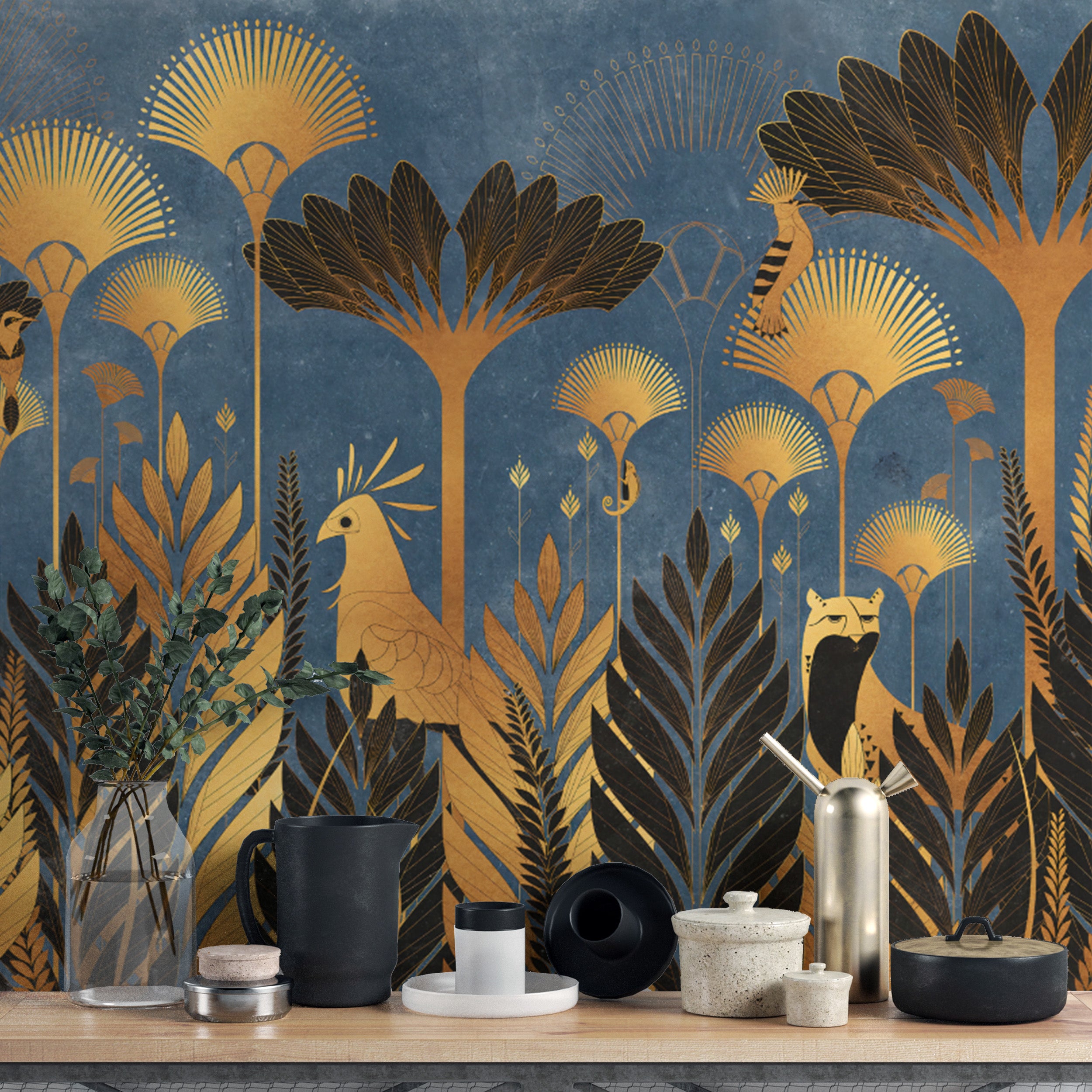 Bold botanical-themed blue luxurious Art Deco jungle wallpaper
