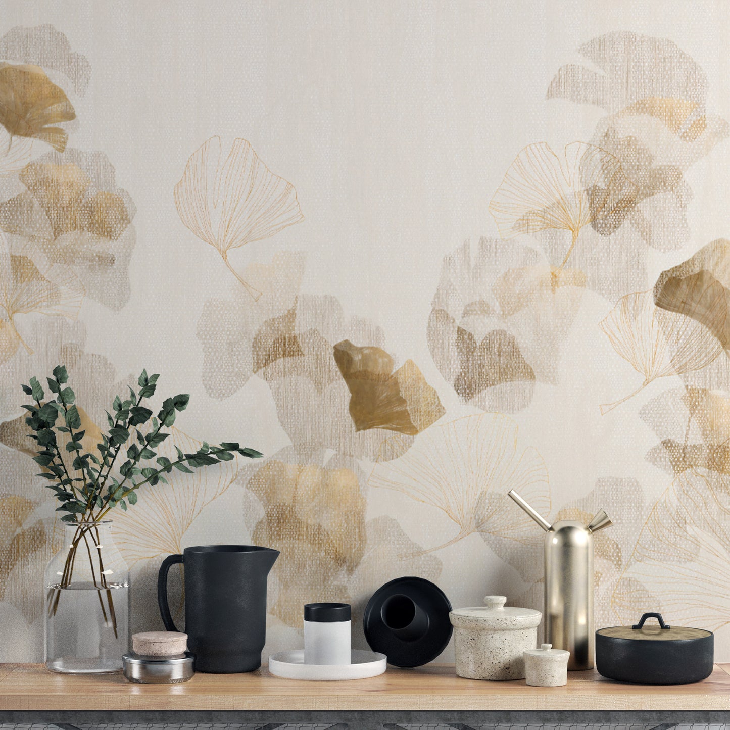 Light beige textured ginkgo wallpaper for contemporary walls
